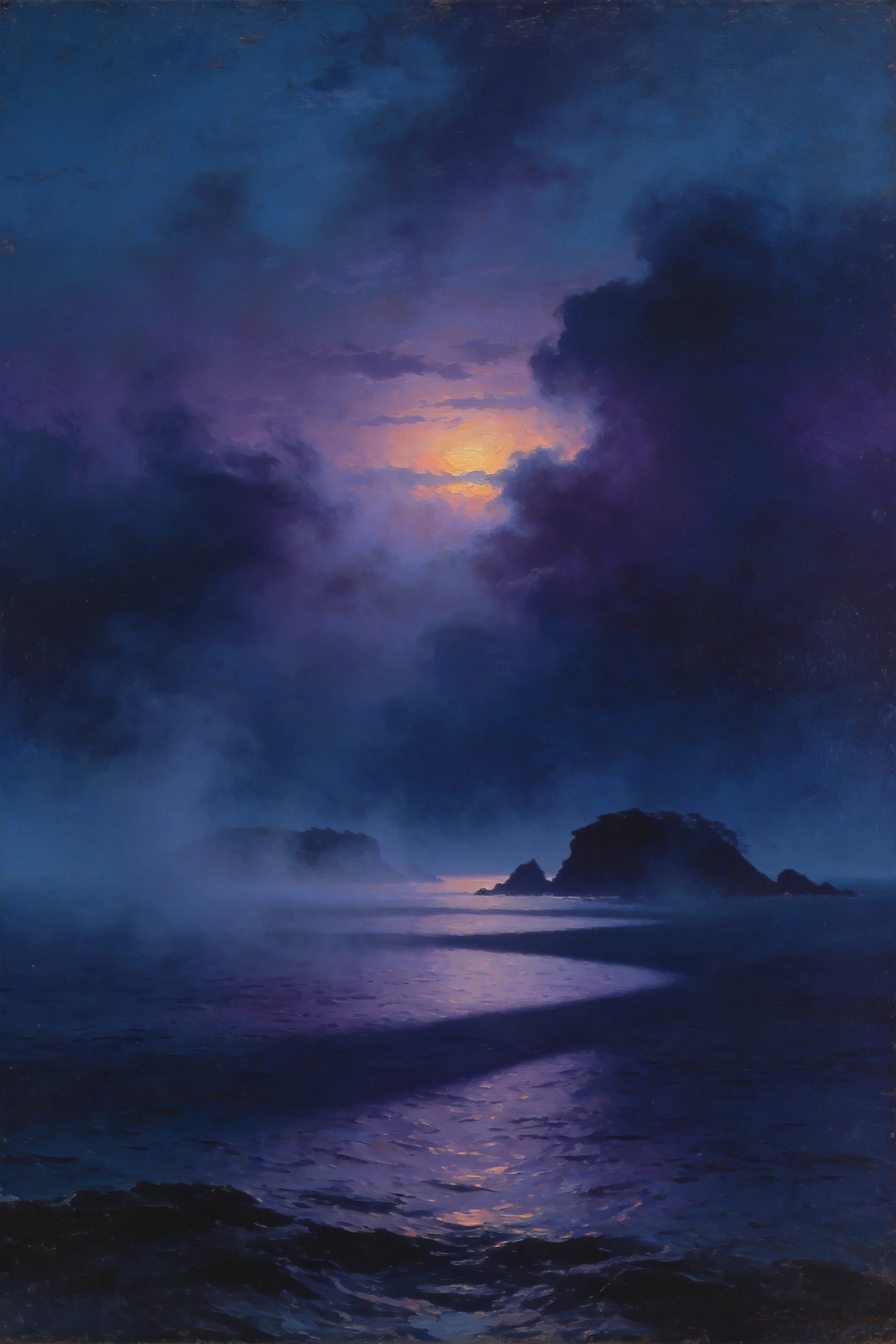 海岸夜色中的岩石轮廓清晰,月光洒落水面形成紫蓝色倒影,海水有细微波浪起伏。