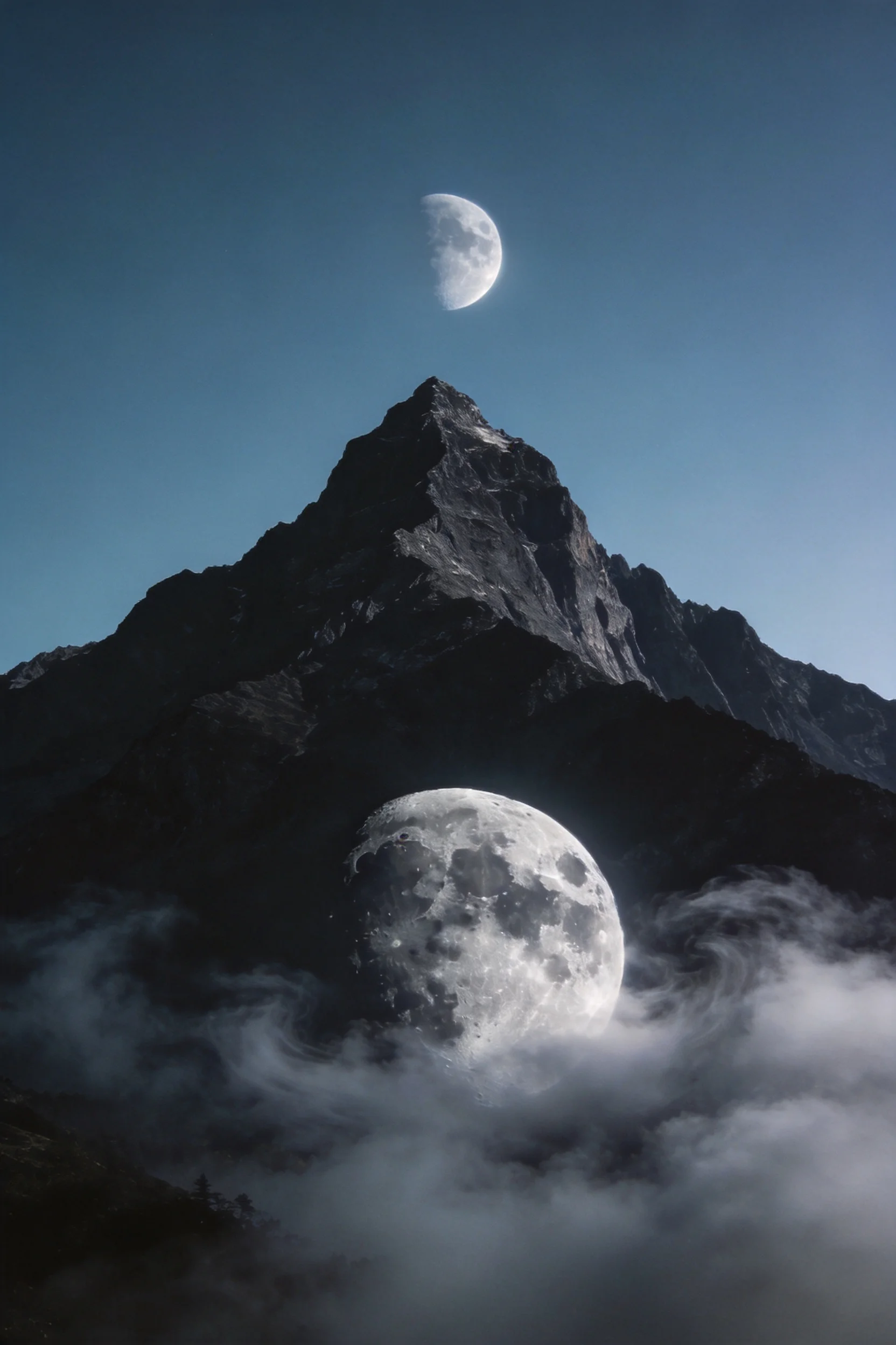 高山景观中,深色山体与明亮月亮形成对比,下方月亮周围有云雾环绕。