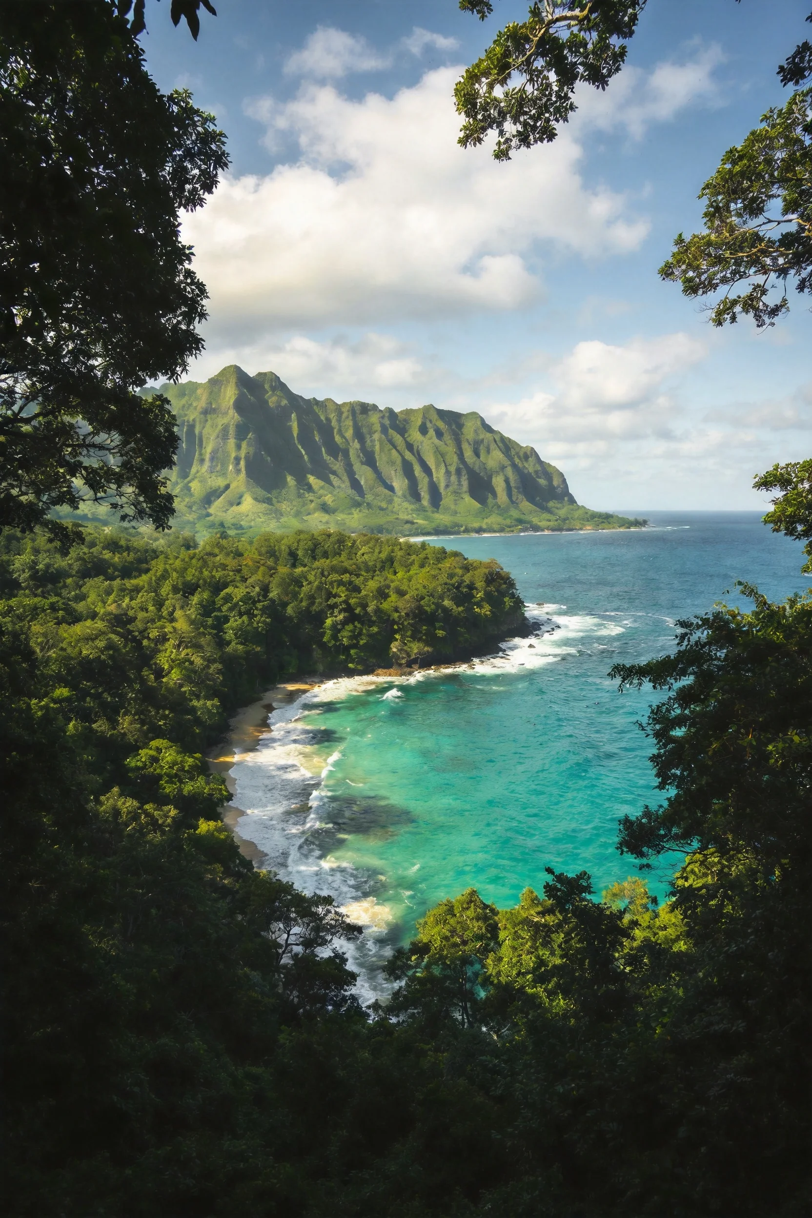 青绿色的海水环绕着有着陡峭山体和茂密森林的海岸山地景观,海水呈现出清澈的蓝绿色状态。