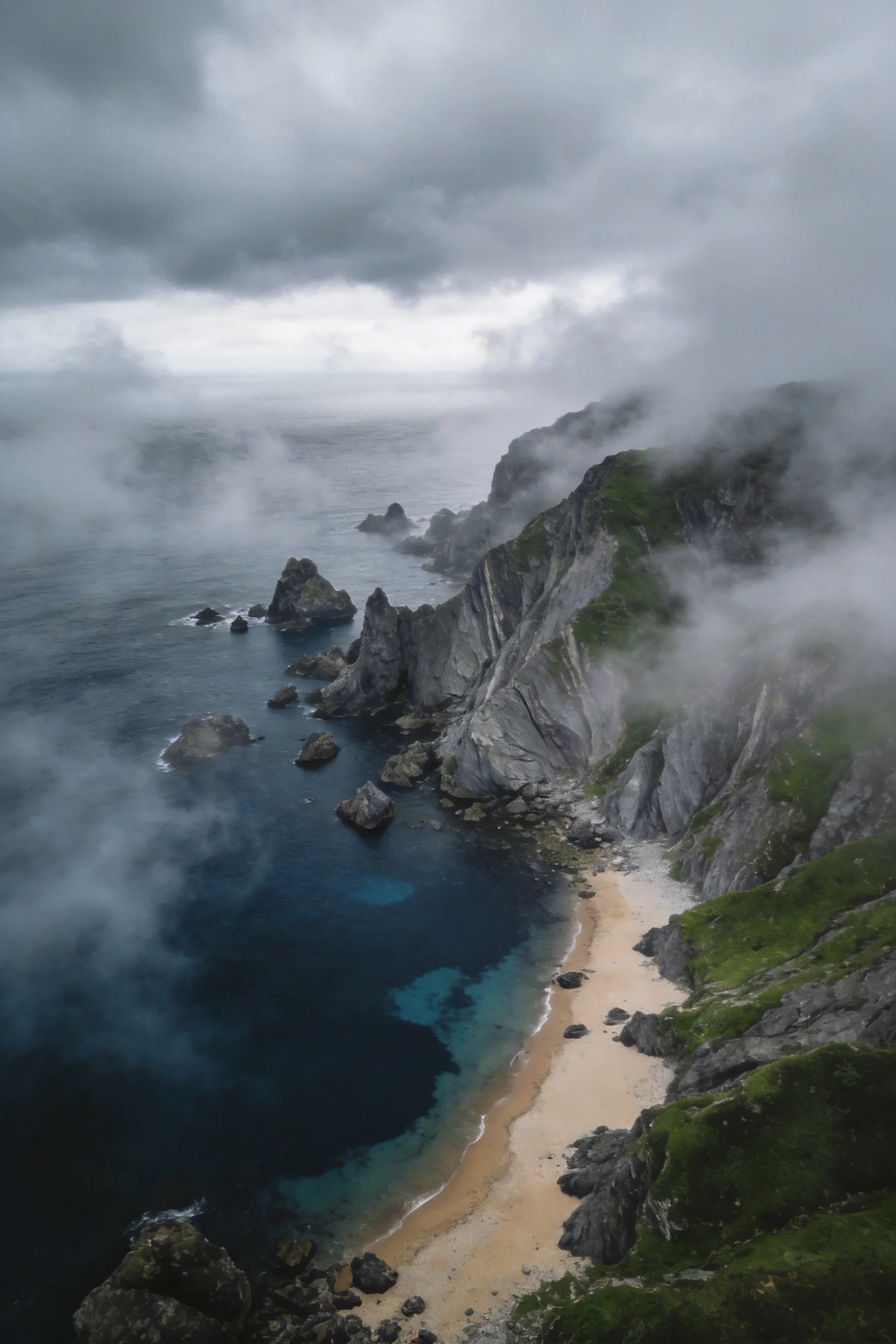 海岸岩崖沙滩景观中,海水呈现深浅交错的蓝绿色,沙滩为浅黄色且质地细腻,岩崖陡峭且有清晰的岩石纹理,周边云雾环绕。