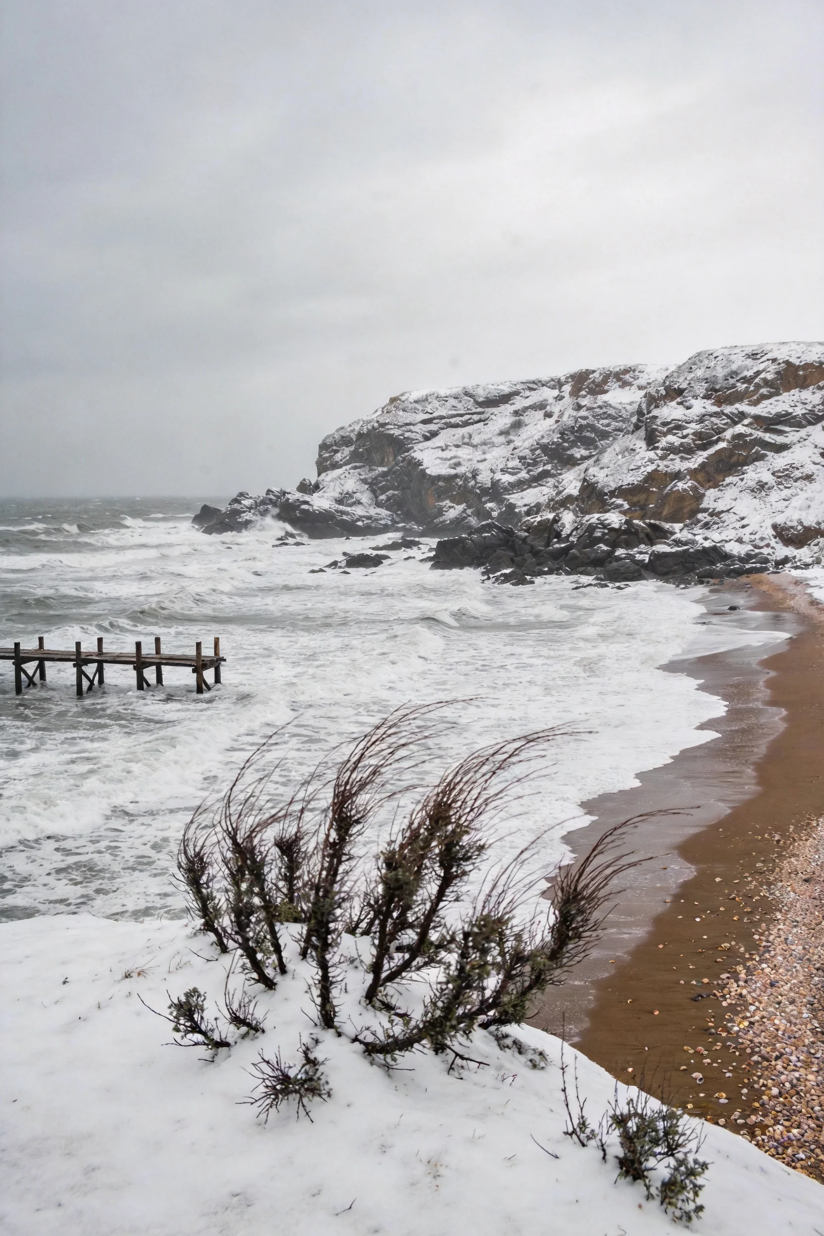 雪天海岸崖边沙滩景象,近处灌木枝条覆雪,岩石峭壁被白雪覆盖,海浪拍击岸边。
