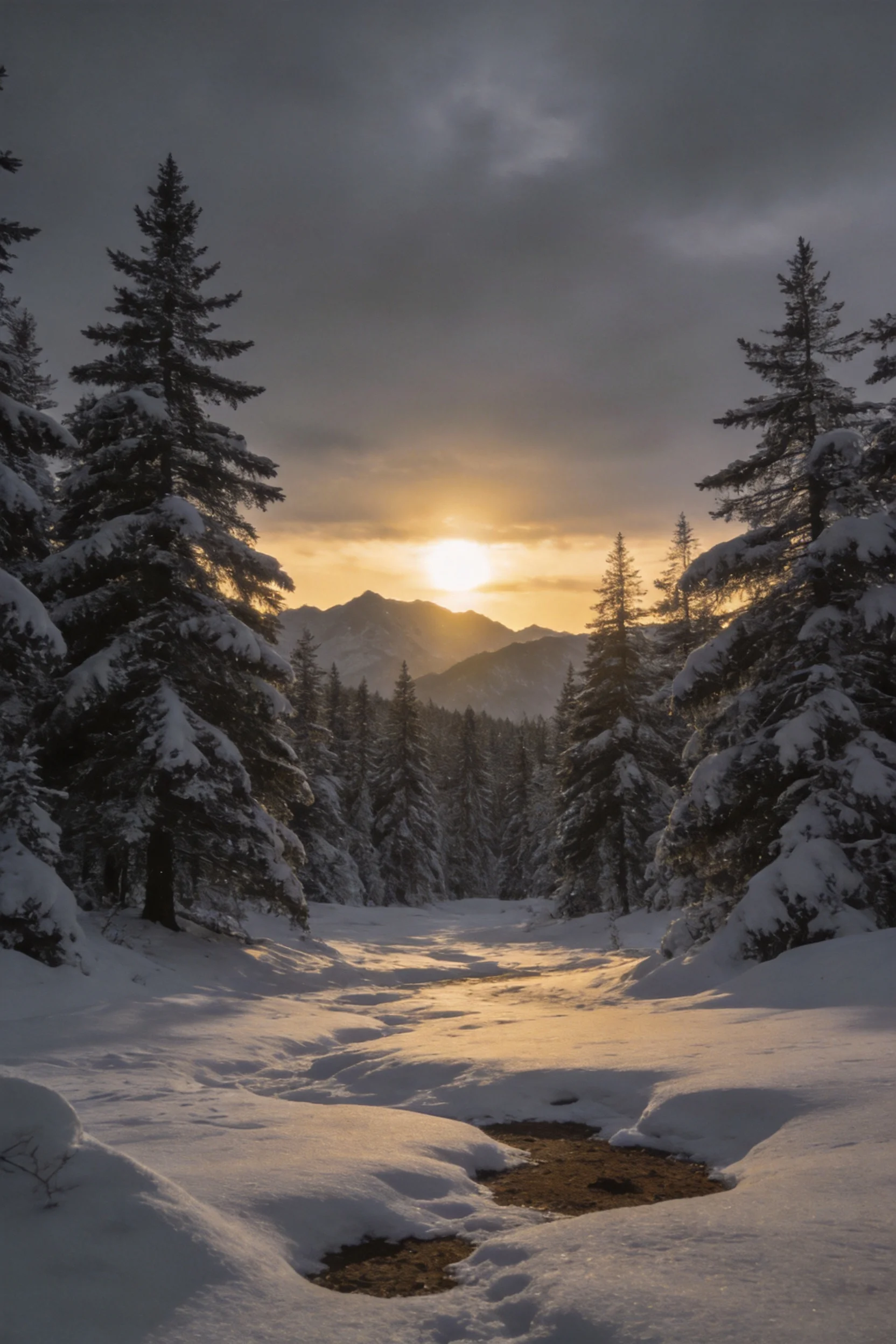 雪松枝桠挂满白雪，雪地有未被完全掩埋的水迹，远处山峰在晨光中清晰可见。