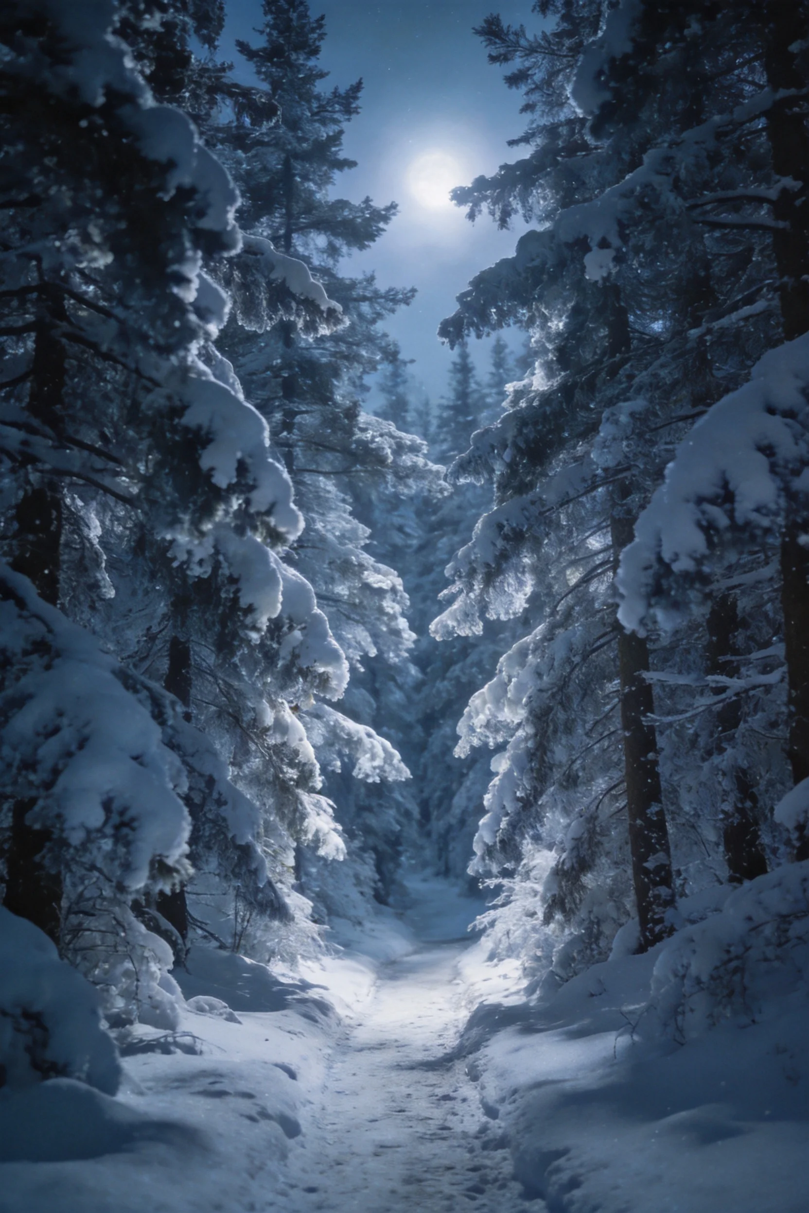 针叶树的枝桠上积满厚雪,月光下呈现出洁白质感,树枝在雪的重压下微微下垂。