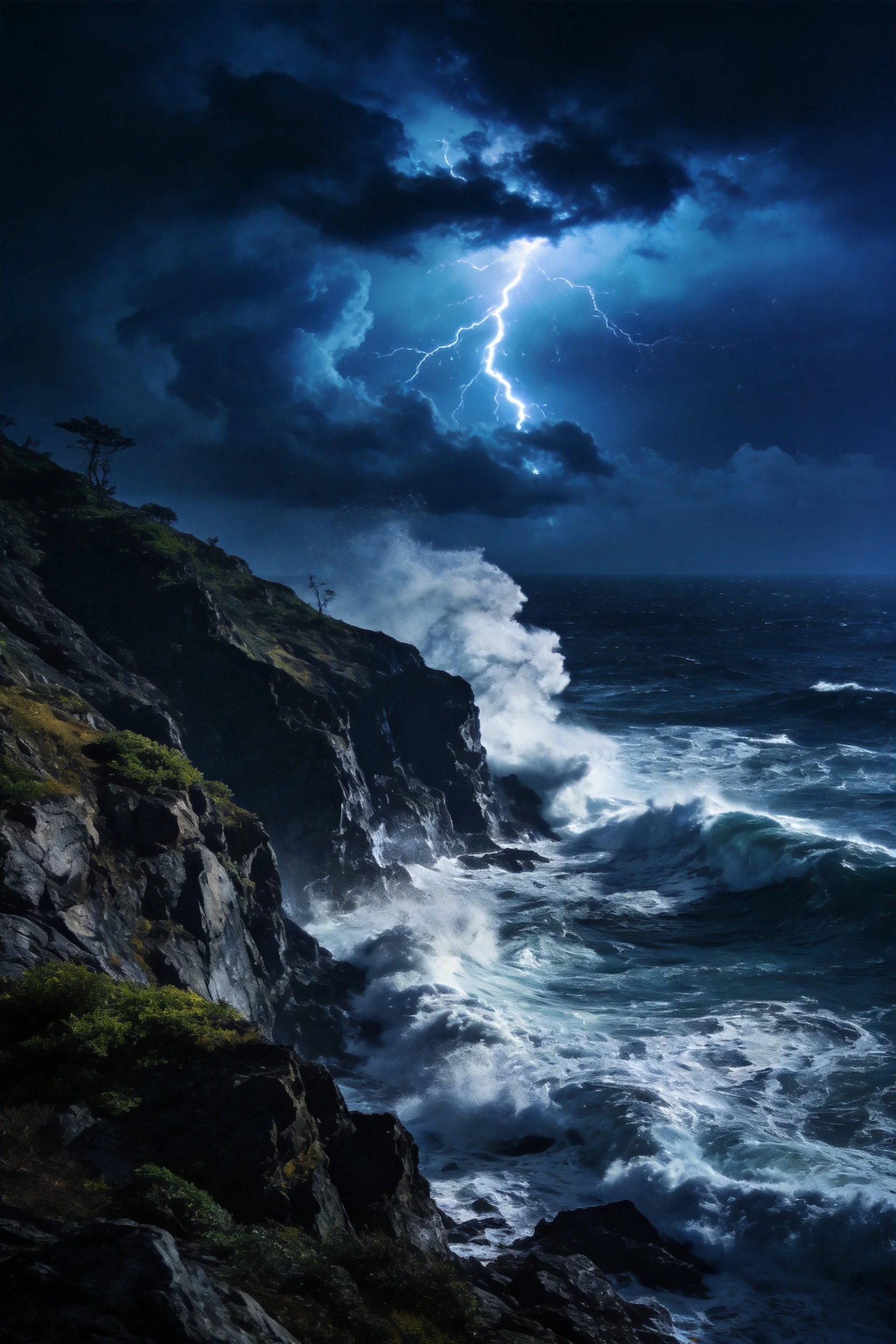 暴风雨夜下,海岸峭壁处巨浪猛烈撞击岩石,深蓝色天空中闪电划过,岩石表面有绿色植被分布。