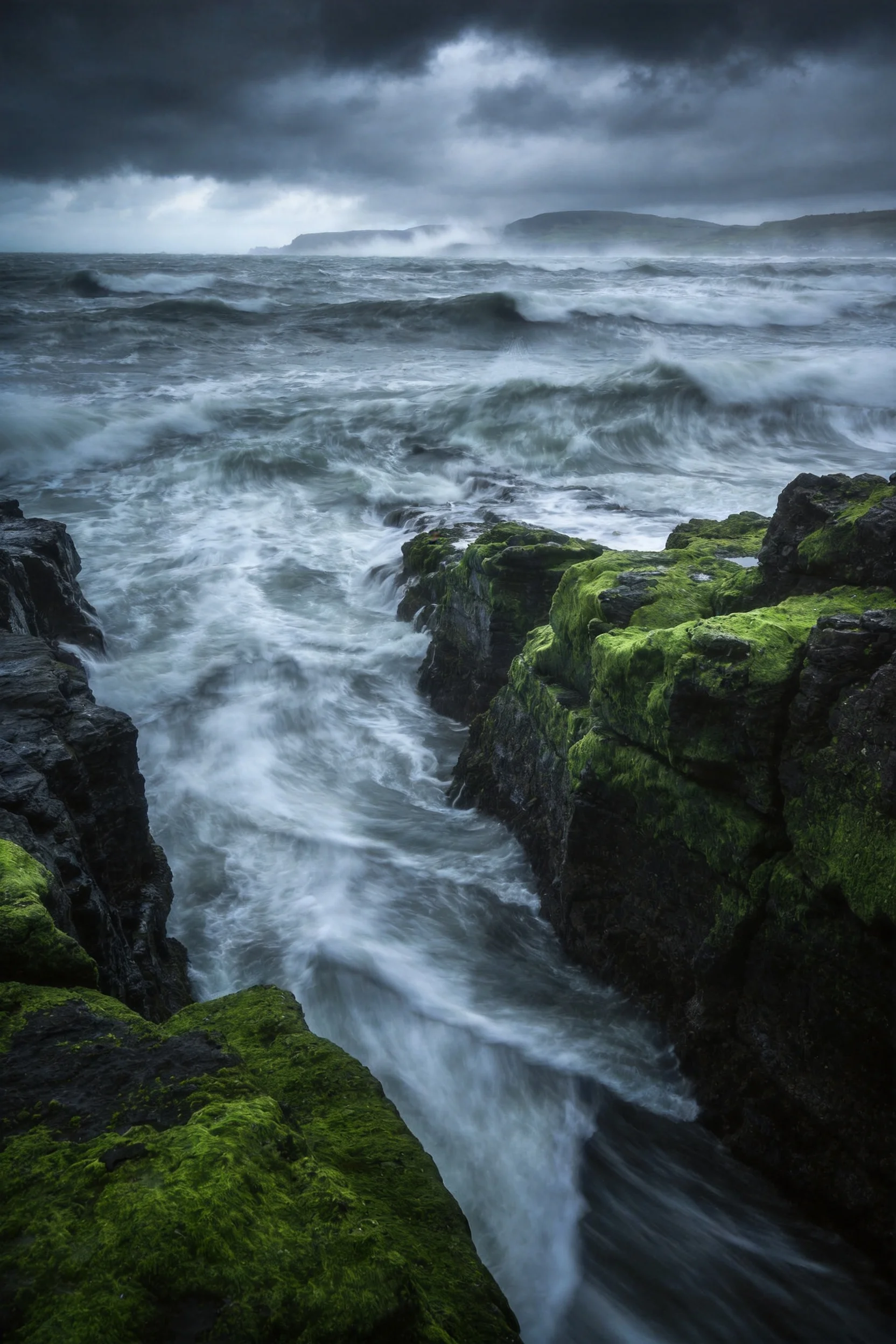 阴雨天气下,海岸礁石表面布满鲜绿色苔藓,海浪激烈地拍打着礁石缝隙。