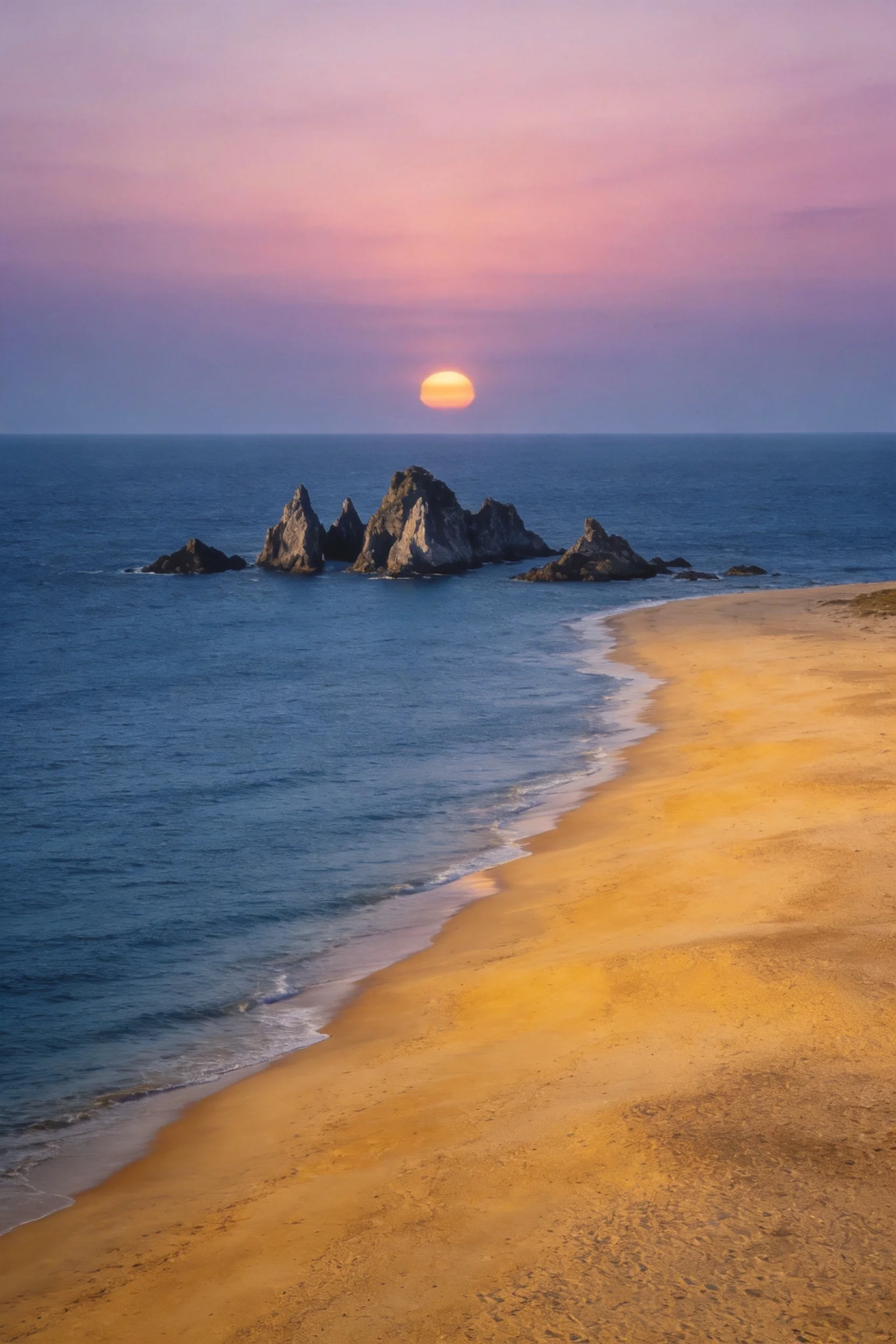 滨海岩滩上金黄色的沙滩与远处形态独特的海中奇石,在夕阳映照下呈现出的景观效果。