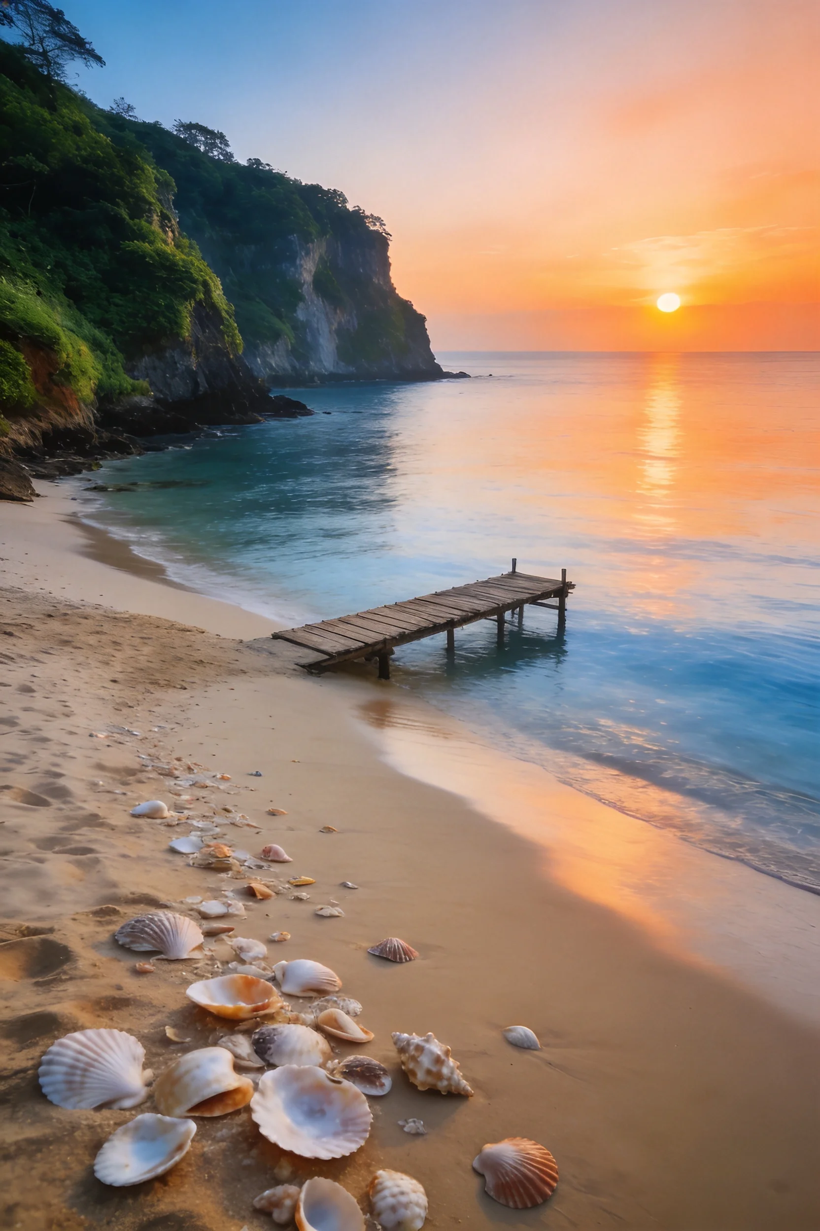 滨海沙滩景观上,各种形态的海螺散布在细软沙滩上,木质栈桥延伸至水面,夕阳的光线给整个场景带来了温暖的色调。