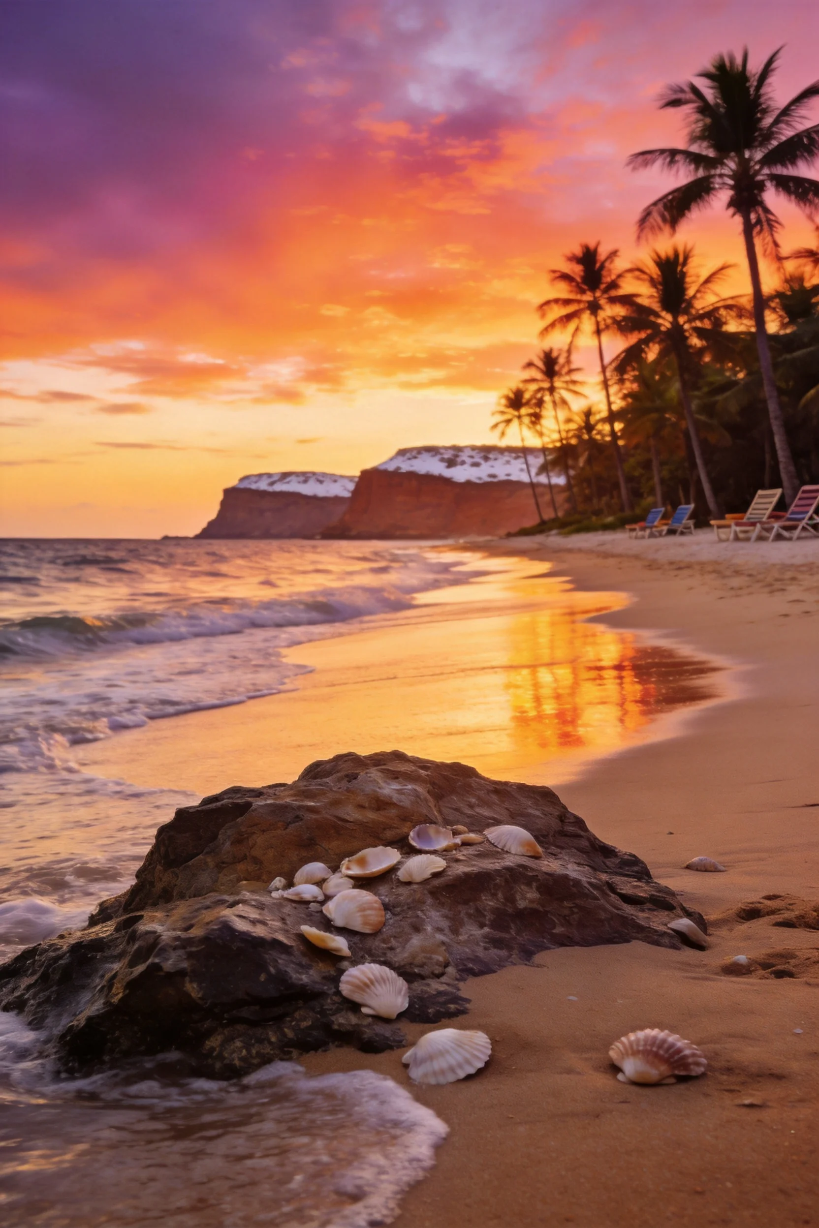 沙滩岩石上摆放着多种形态的海贝,海浪轻拍岸边,天空呈现橙红色晚霞。