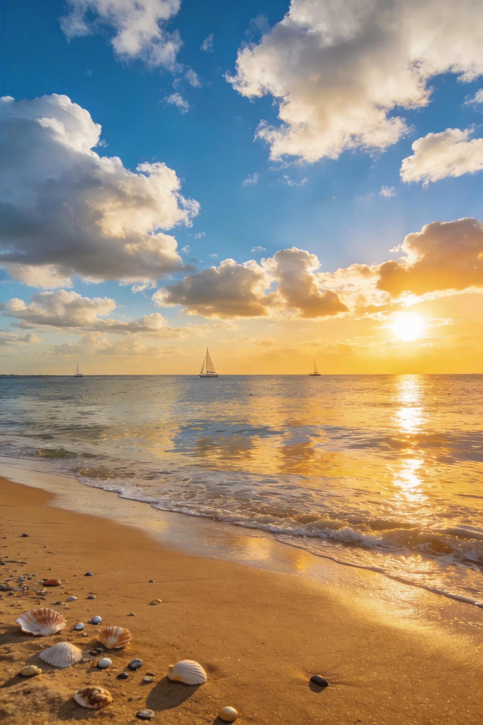 滨海沙滩夕阳下的景观中,沙滩上散落着不同形状的贝壳,远处海面上有三艘帆船航行。