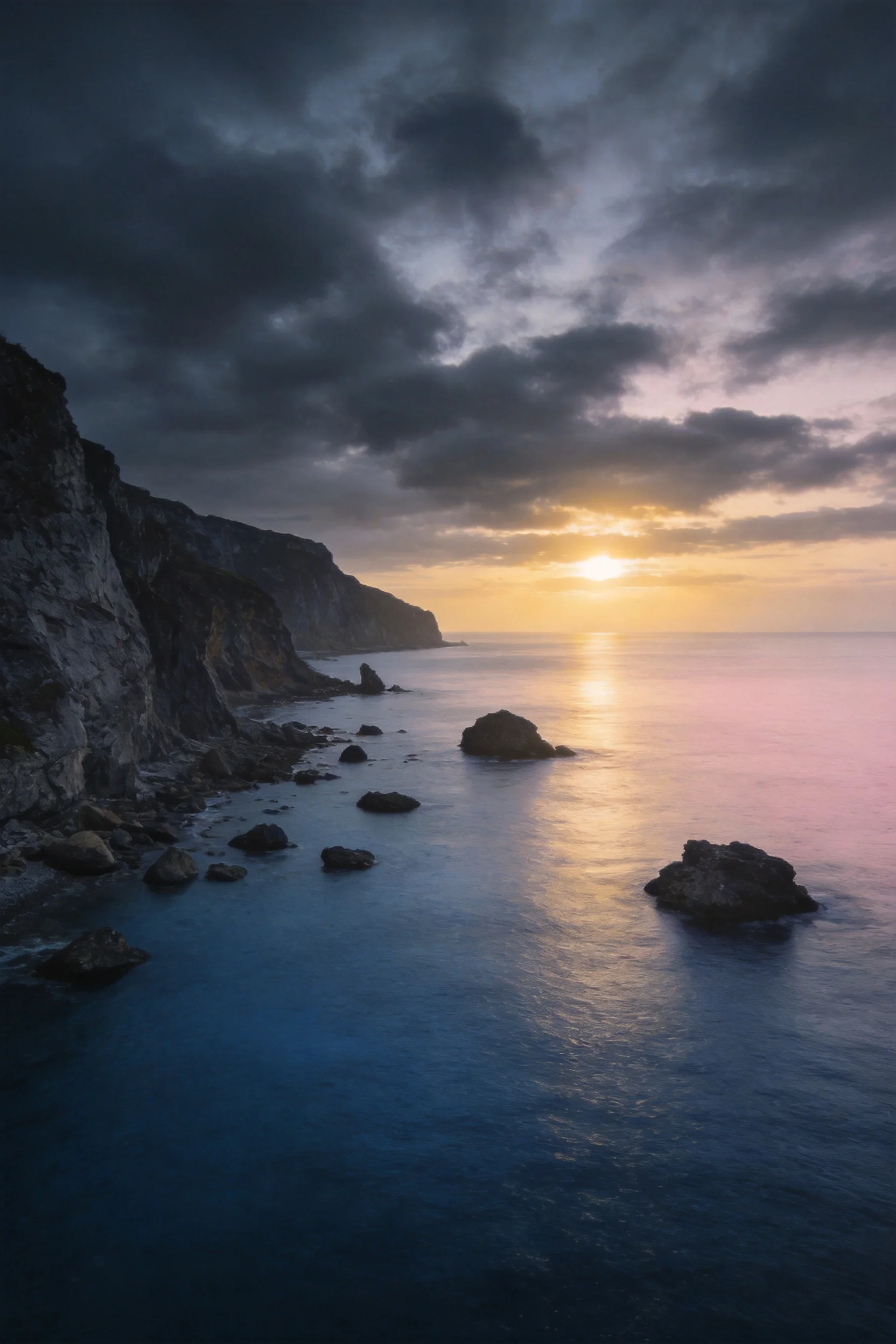 沿海悬崖海岸风光展现出海水的深蓝色色泽岩石的灰黑色对比,阳光的金色光芒洒落在平静水面之上。