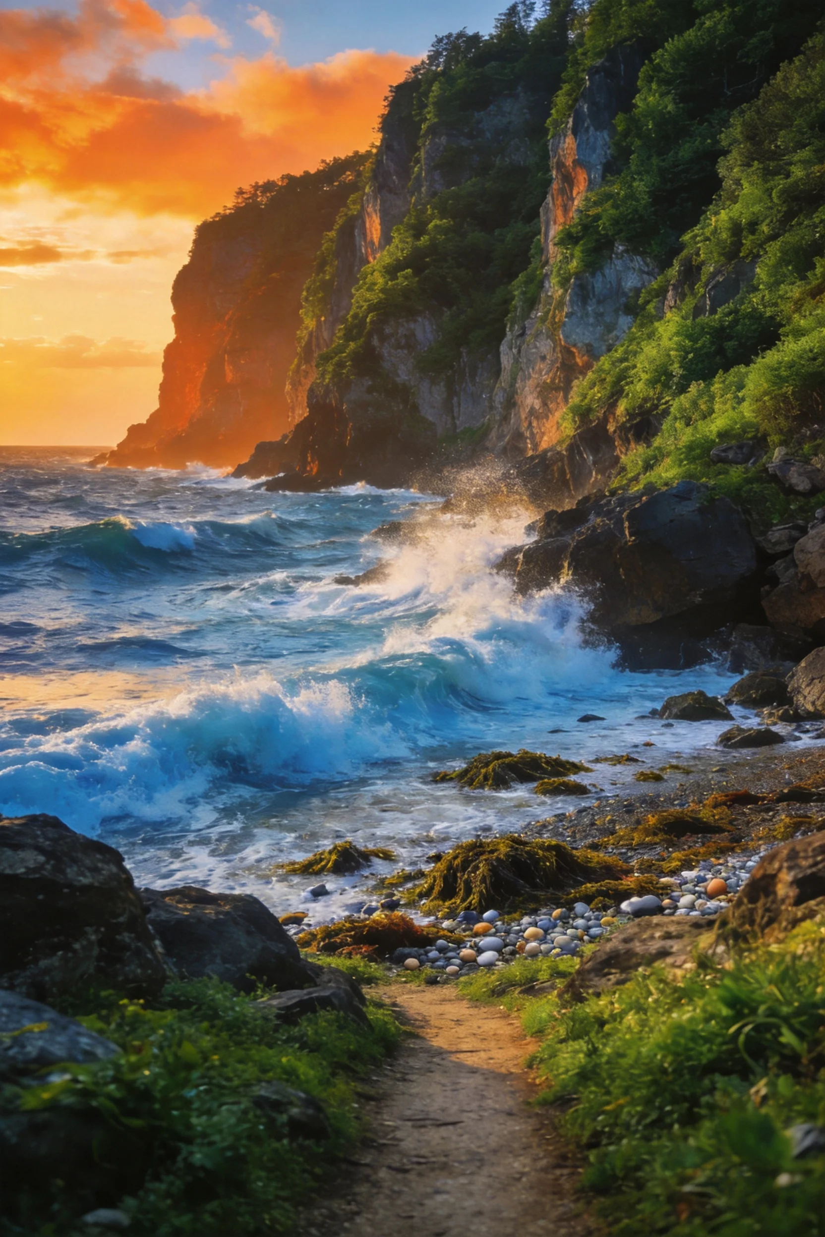海岸悬崖落日下的岩石海岸景观,蓝白色海浪冲击着黑色礁石,岩壁有青绿色植被覆盖。