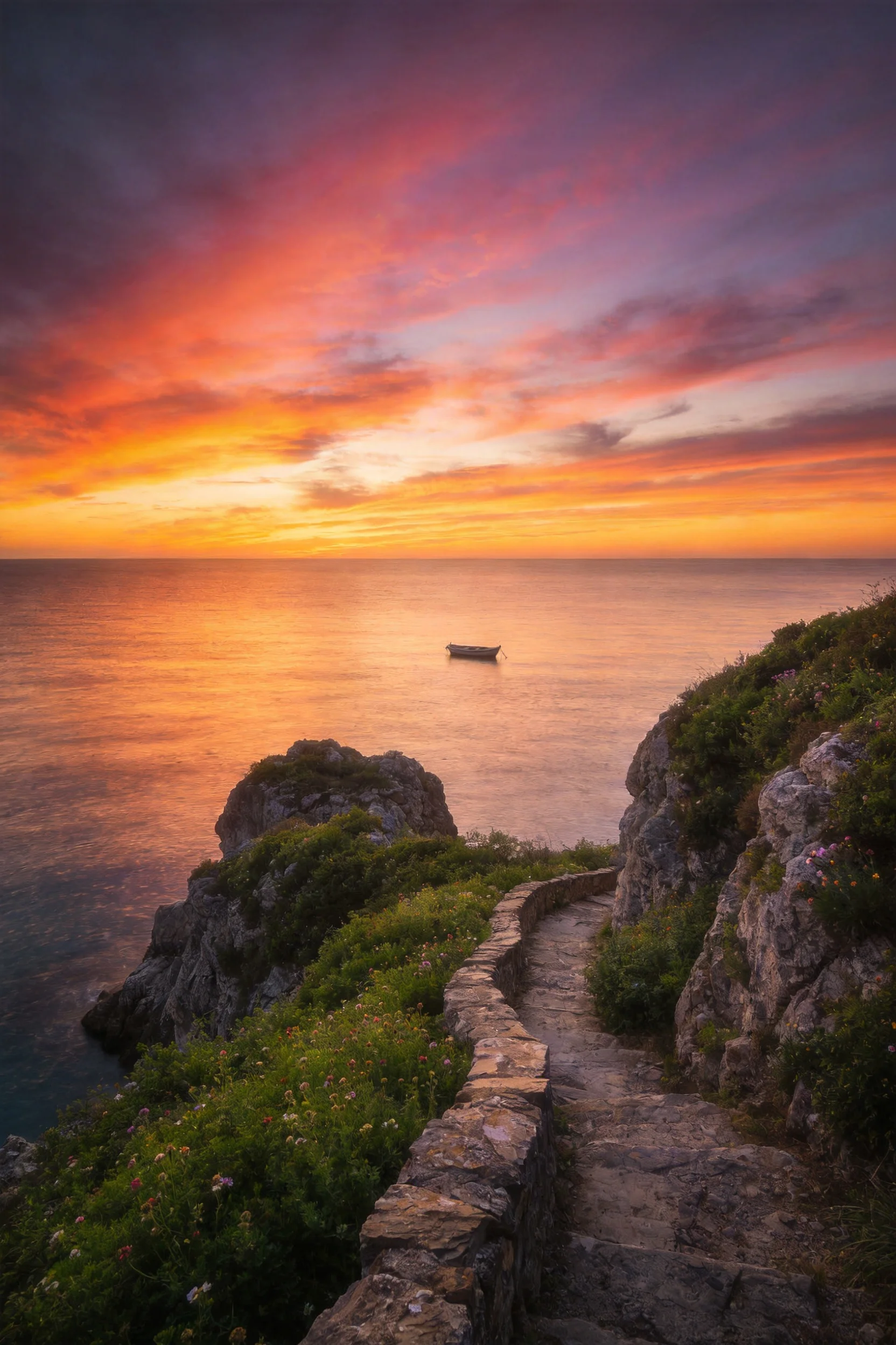 沿海岩石栈道的石板路延伸至海边,远处小船漂浮在海面上,岩石表面有风化痕迹。