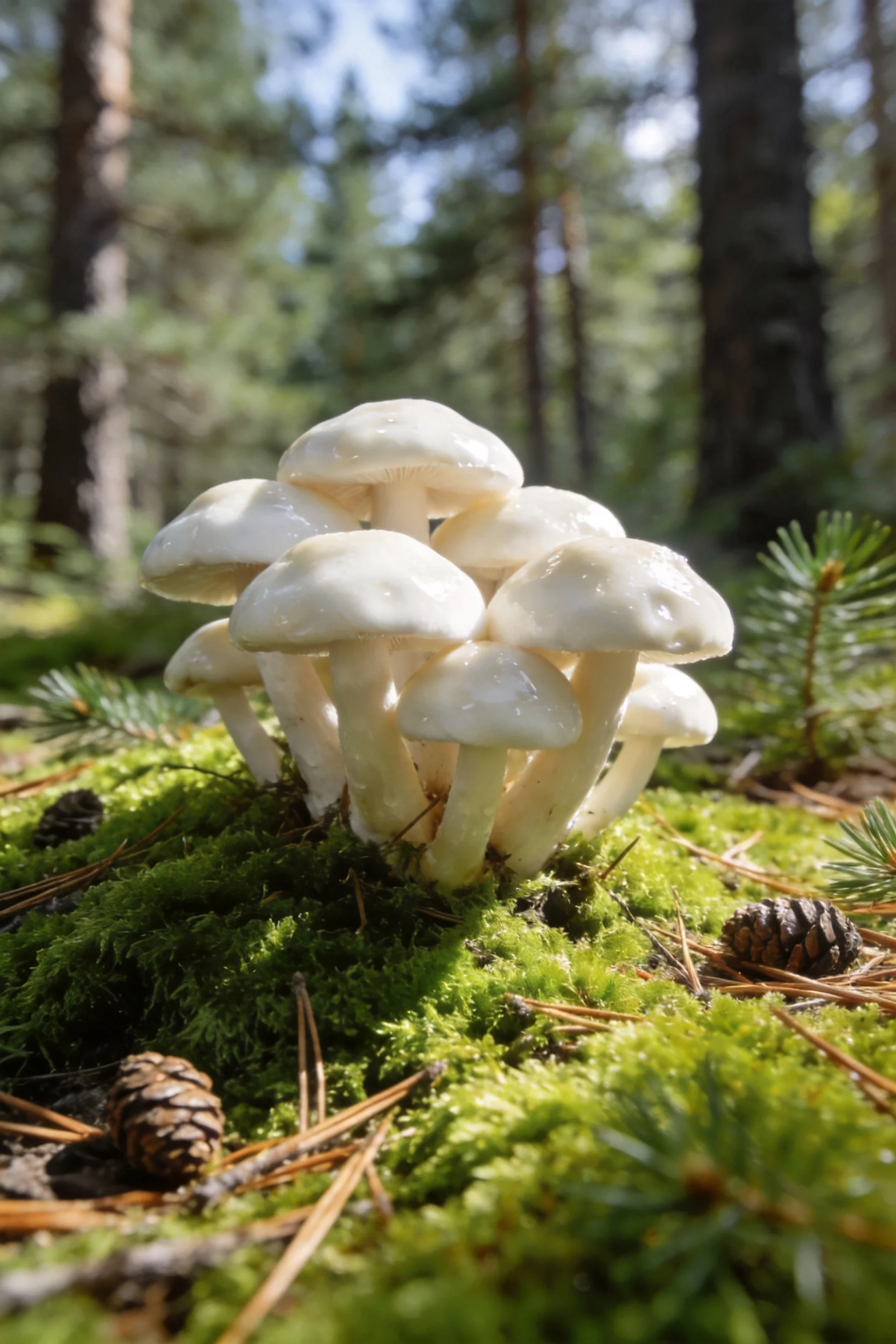 森林苔藓中的白林地菇群落，菌盖圆润洁白，生长在湿润的苔藓地面上。