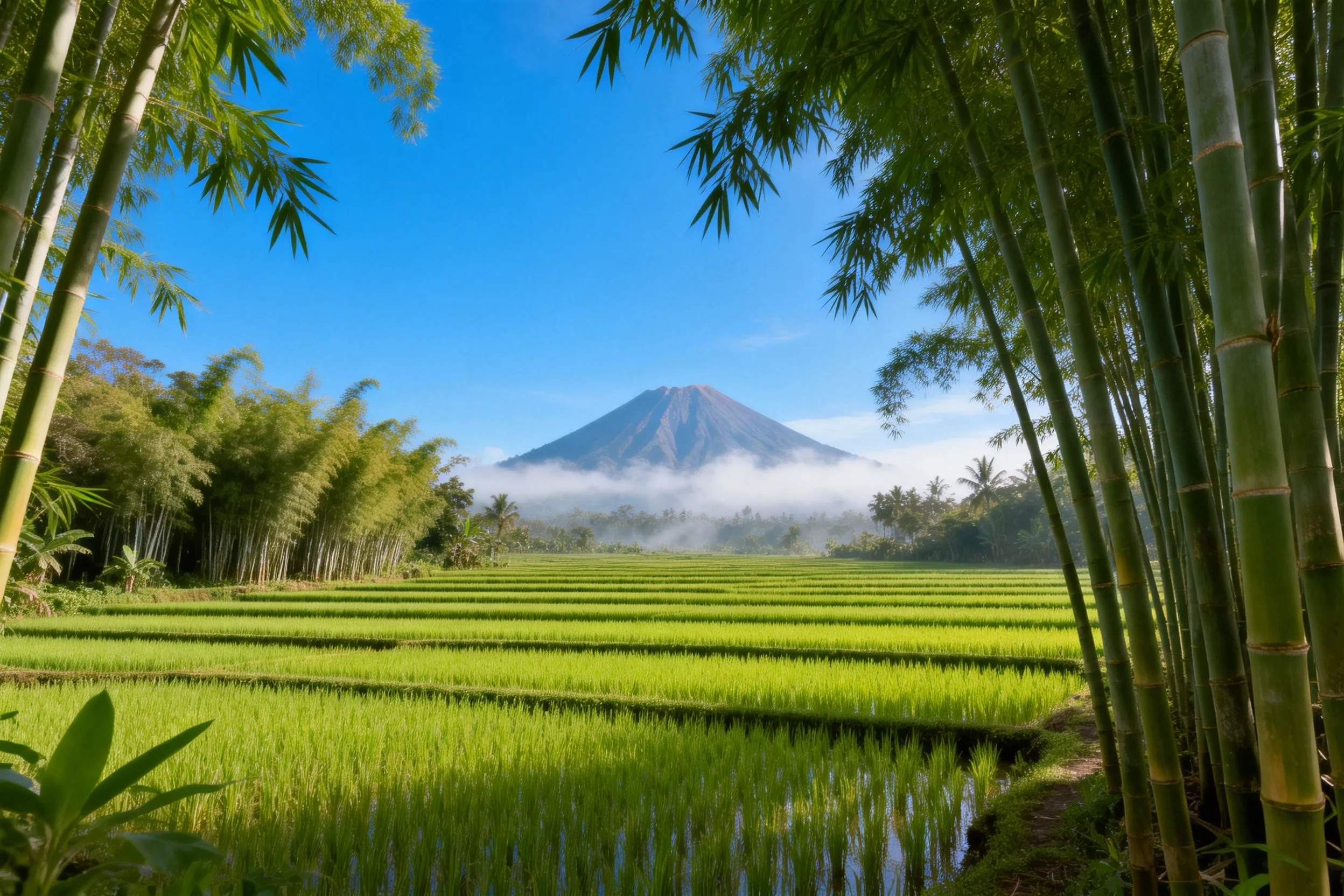 竹林环绕的火山梯田景观中,绿色水稻田地表面有清晰的水面波纹,远处火山顶部被薄雾覆盖。