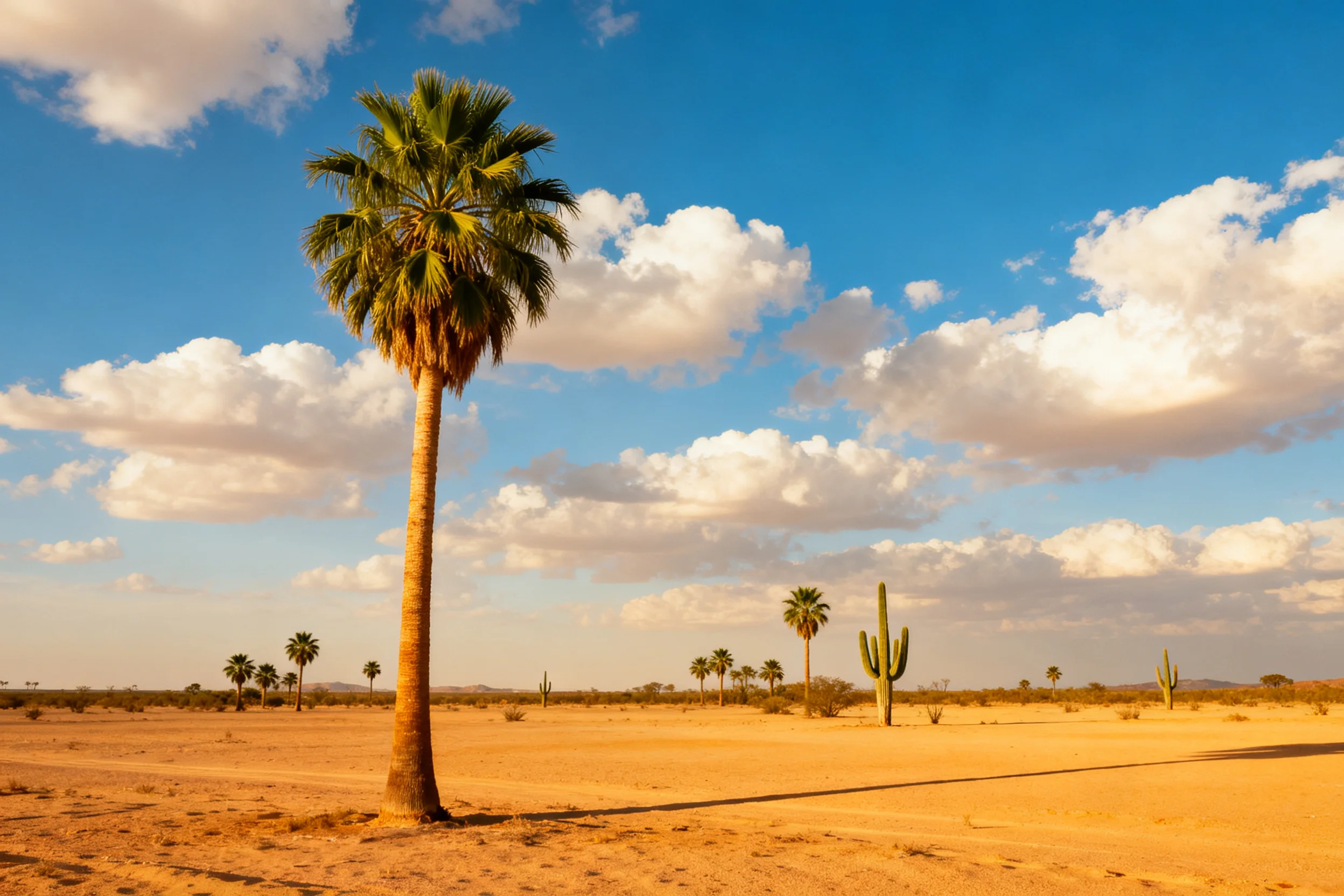 高大的棕榈树矗立在金黄沙地上,其笔直的树干与茂密深绿色的羽状叶片清晰晴朗蓝天映衬下显得格外醒目,周围分布着小型棕榈树和圆柱形仙人掌。