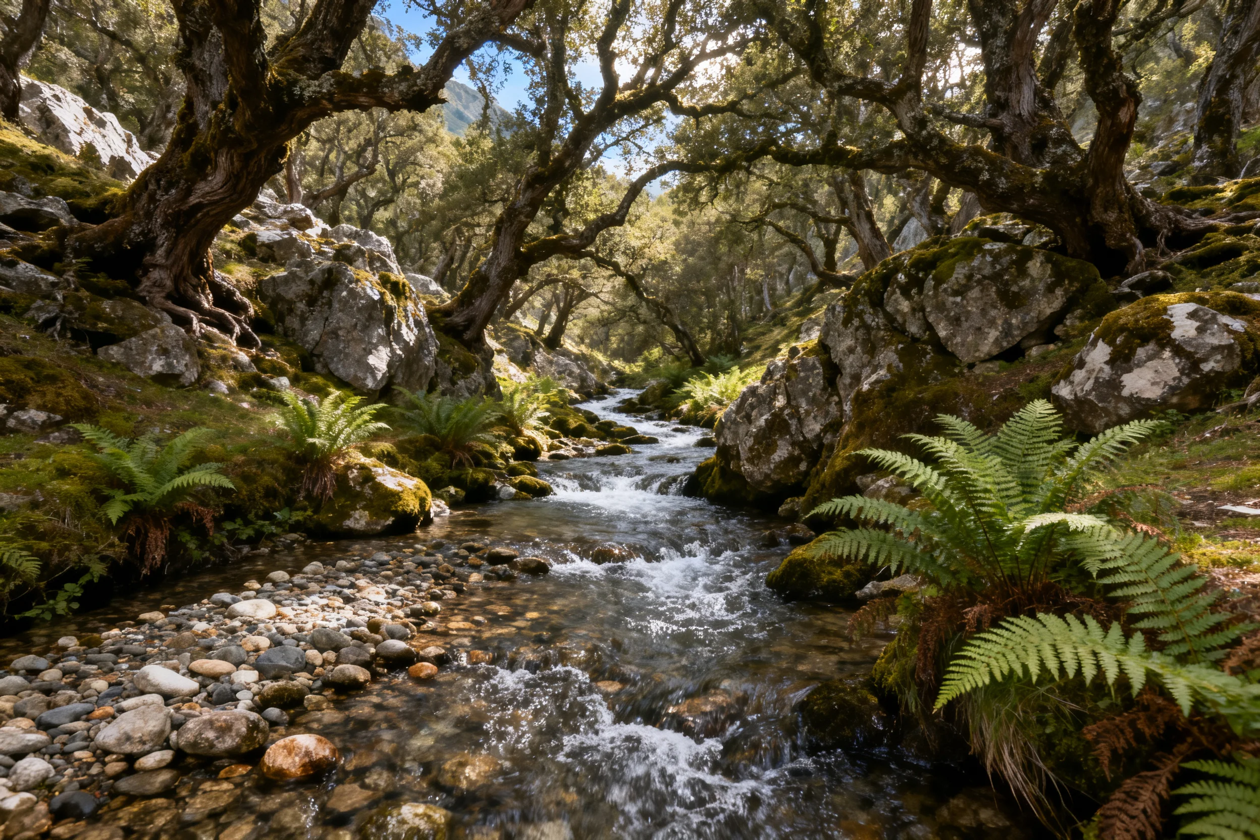 清澈溪水在岩石间流淌,溪岸生长着形态舒展的蕨类植物,水面泛起细碎波纹。
