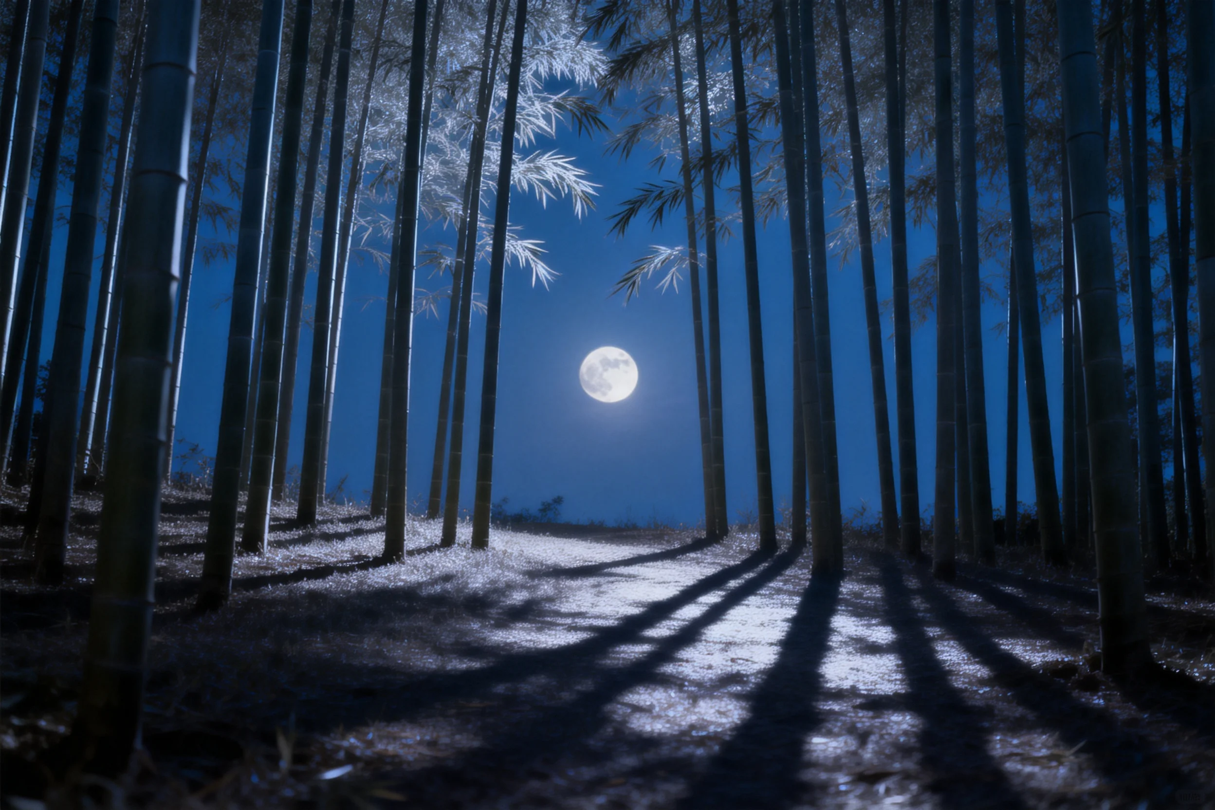 满月在夜晚的竹林中散发着明亮光芒,竹杆投下清晰的阴影,地面呈现出银白色光泽。