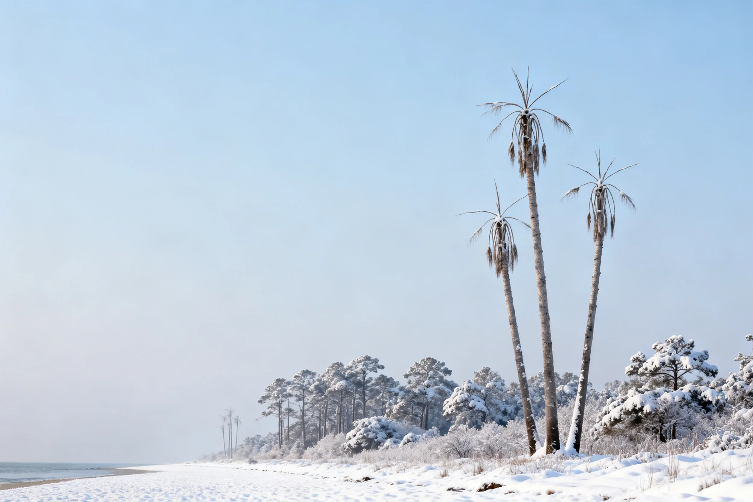 几棵高大的椰树被银白积雪覆盖,树干笔直,枝桠上积满雪花。