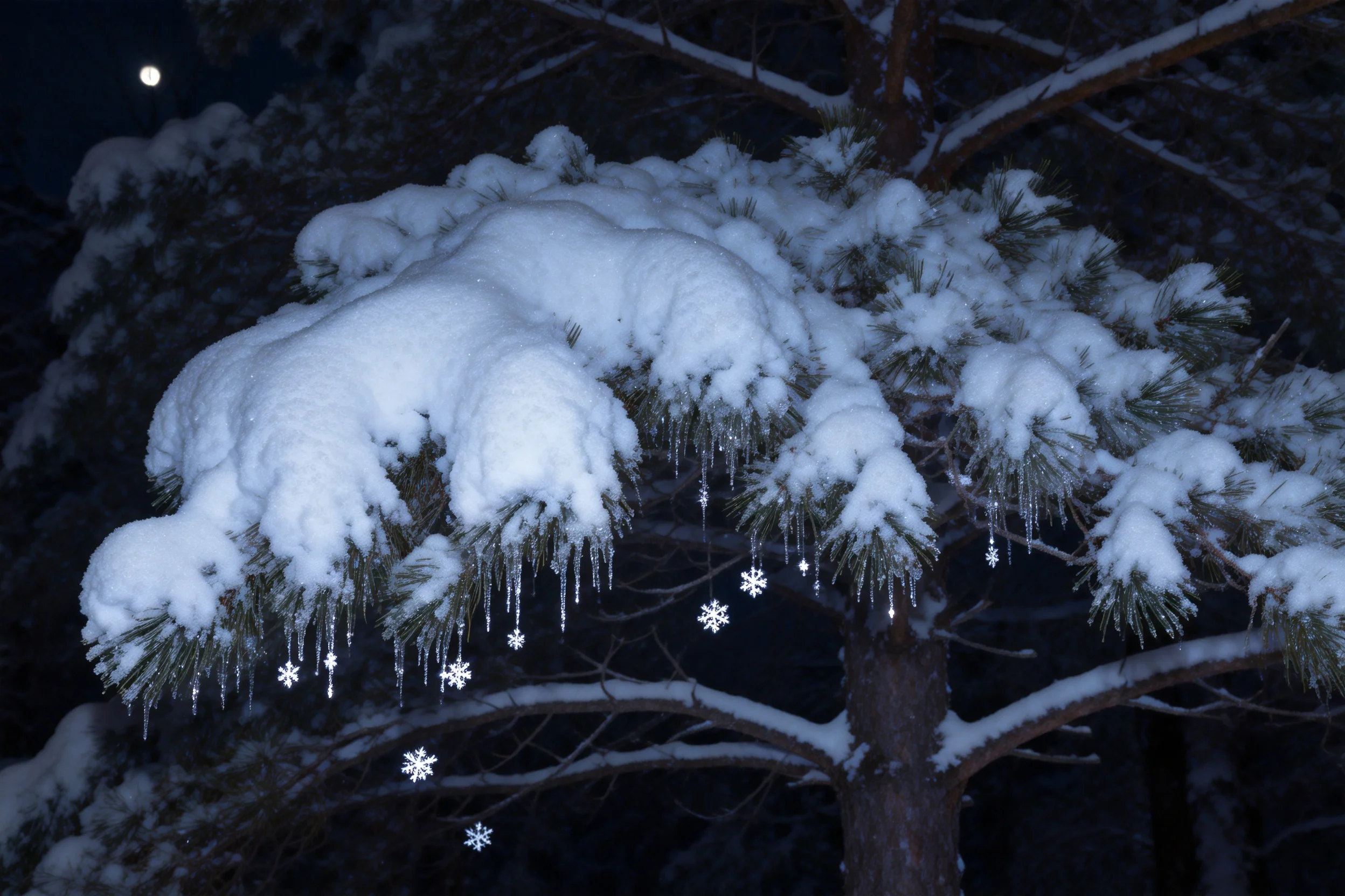 雪松被白雪覆盖,枝桠间挂着冰柱和雪花装饰物,背景是暗夜天空。