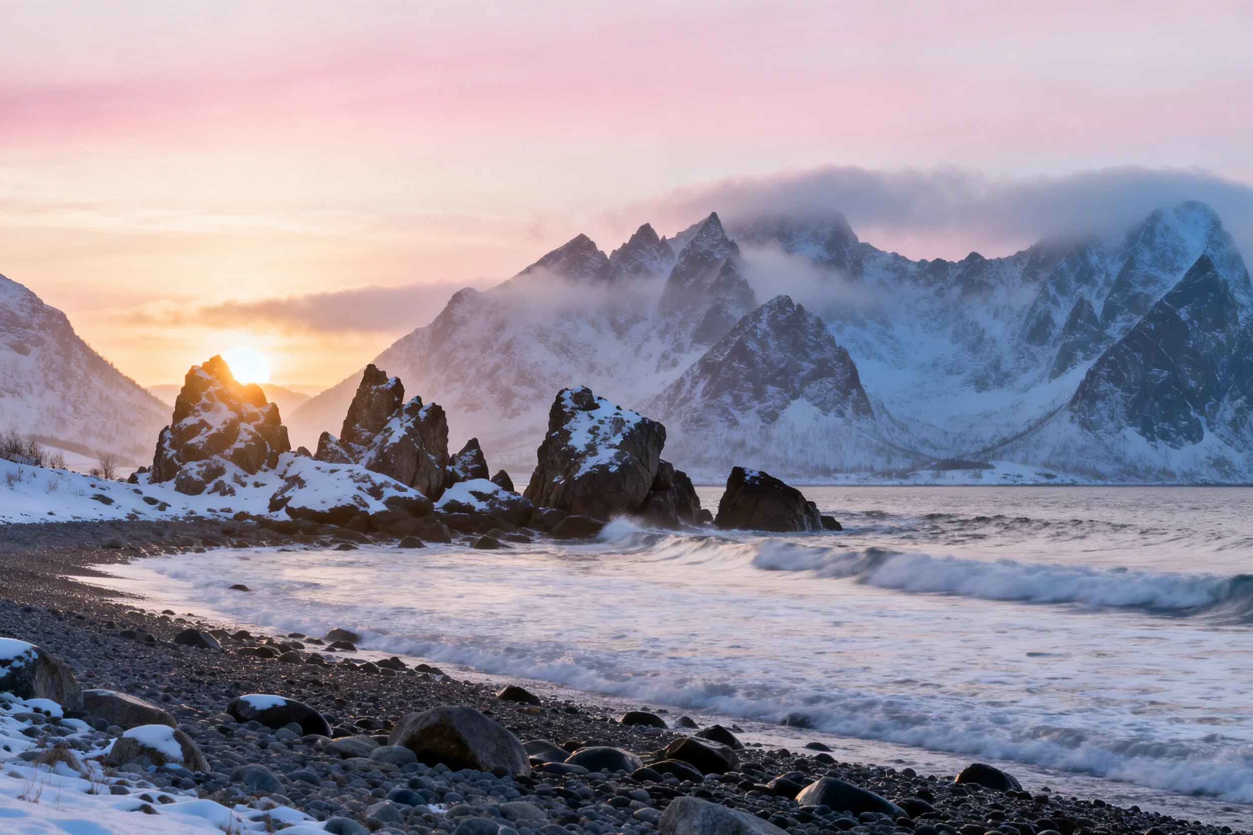 雪山海岸岩礁景观,黑色的礁石表面有积雪,矗立在海边,远处是云雾中的雪山。
