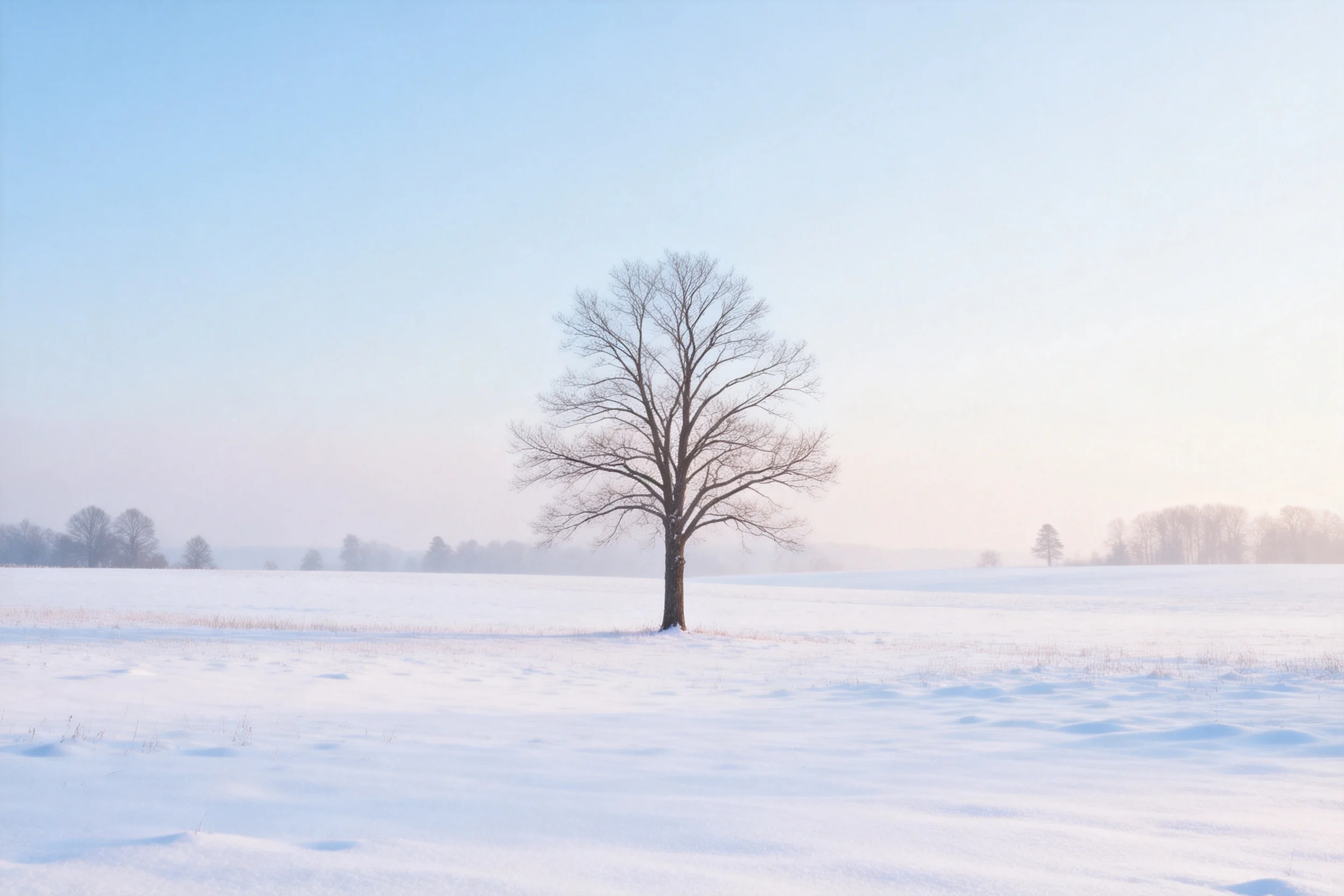 一棵没有枝叶的冬季落叶乔木矗立在雪地平原中央,树干笔直,树枝舒展却无叶片,周围是被白雪覆盖的开阔雪地。