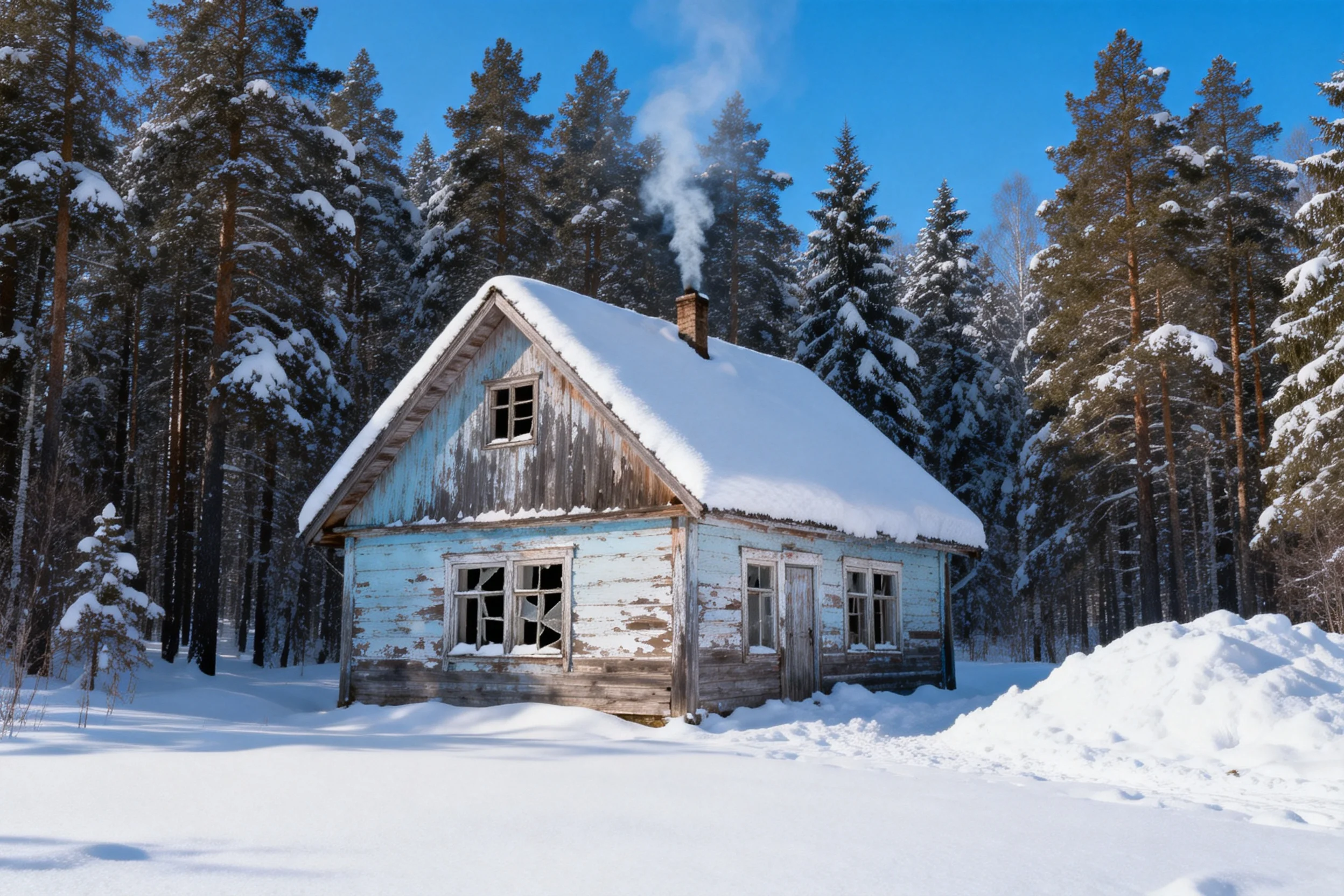 老旧木屋的蓝白色外墙剥落,屋顶积雪厚重,烟囱正飘出淡淡的白烟。