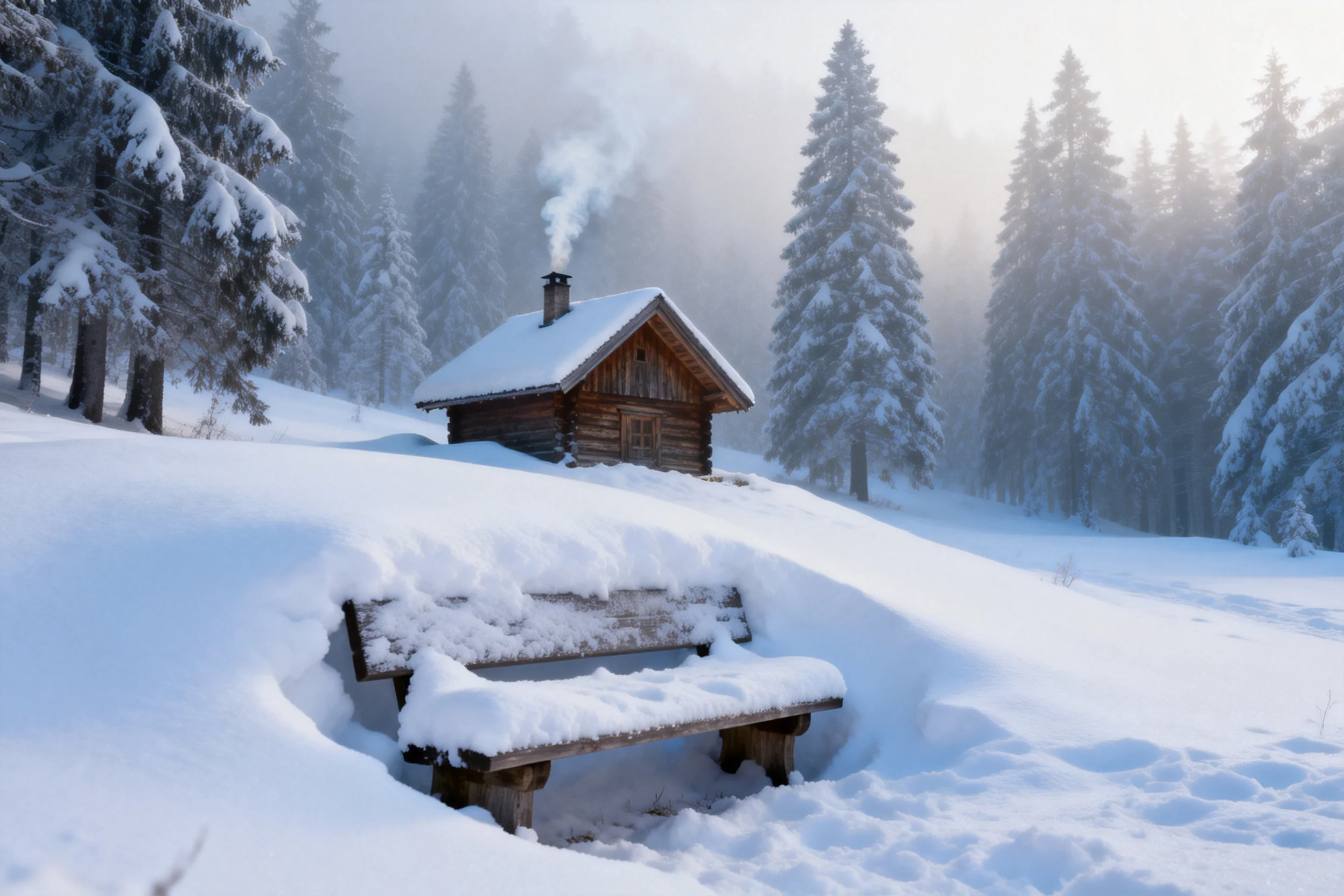乡村木屋的烟囱正缓缓飘出白色炊烟,屋顶覆盖着厚厚的积雪,周围的常青树也被白雪覆盖,呈现出冬日的乡村景象。