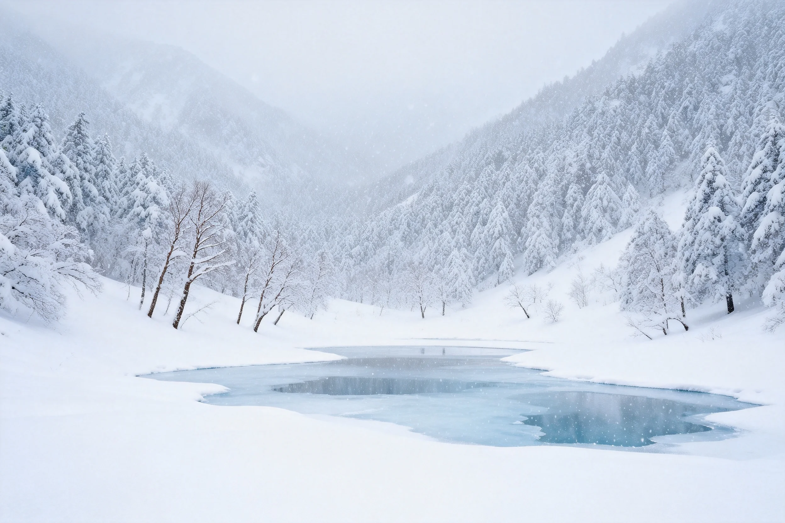 山谷冰雪景观中的冰湖,湖面呈现淡蓝色透明结冰状态,周围是积雪覆盖的针叶林。