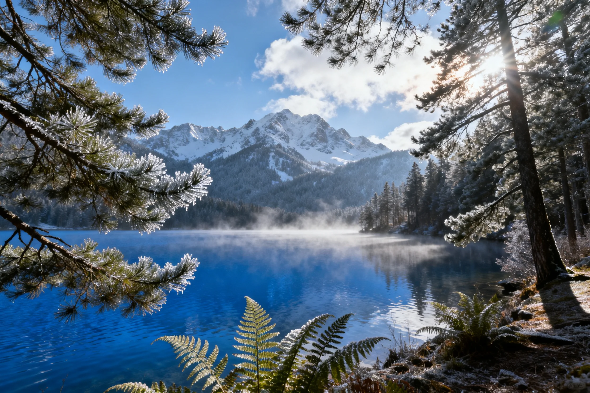 雪山湖泊风光中,湖水清澈呈蓝色,湖边蕨类植物带有霜晶,松树枝条覆霜,远处雪山清晰可见。