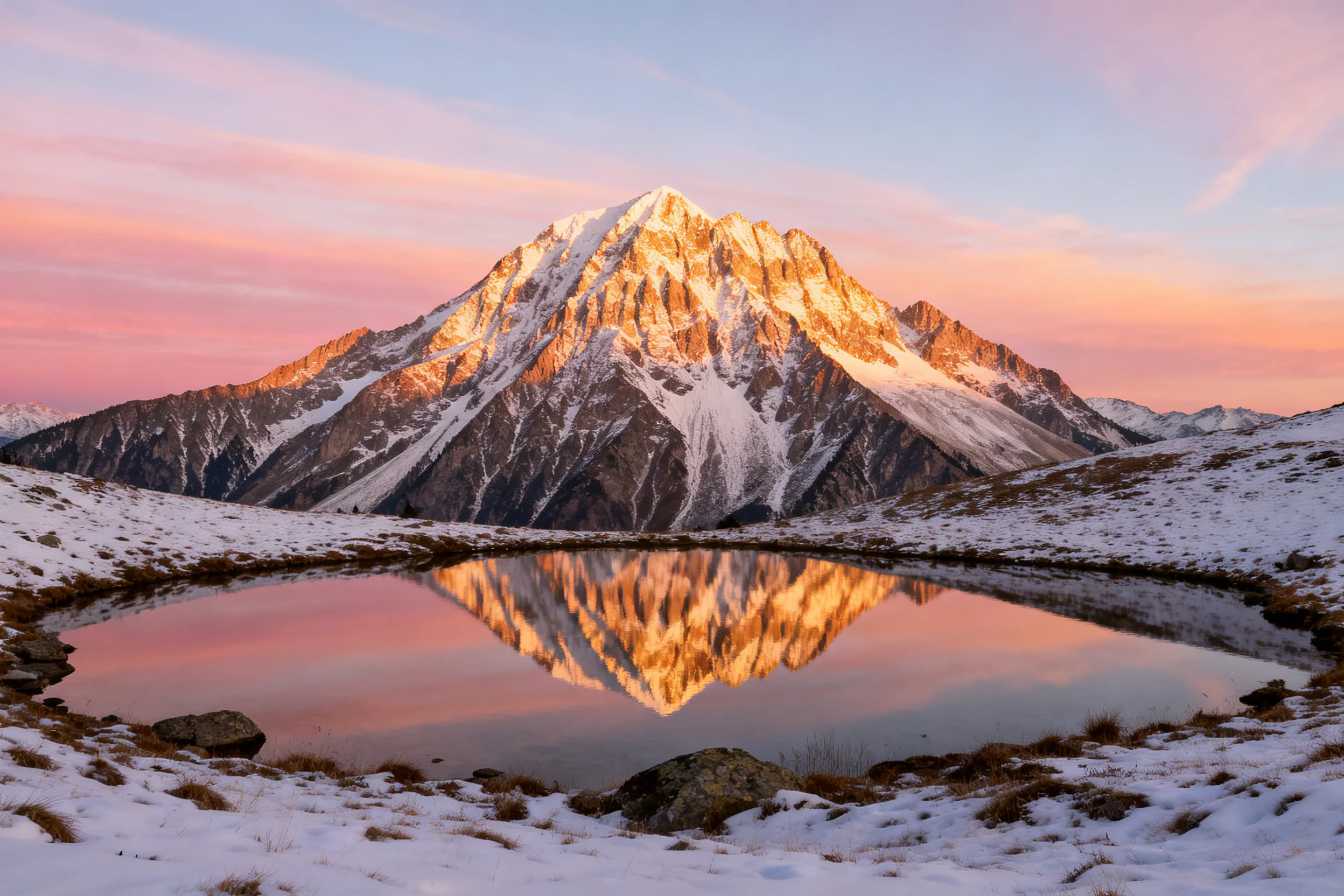 雪山倒影与晨光雪山景观中,一座被晨光染成金黄色的雪山在平静水面形成清晰的倒影,山体表面有明显的岩石纹理和积雪分布。