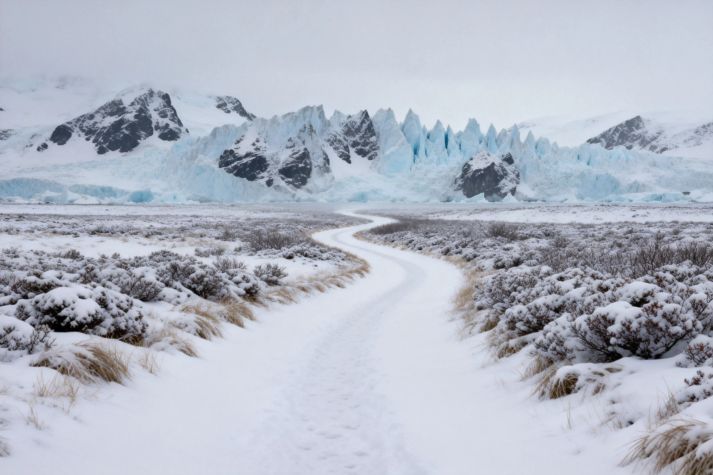 雪原冰川地貌与蜿蜒雪道景观，蓝白色调的冰体纹理清晰，地面被纯净白雪覆盖，灌木覆雪呈现层次。