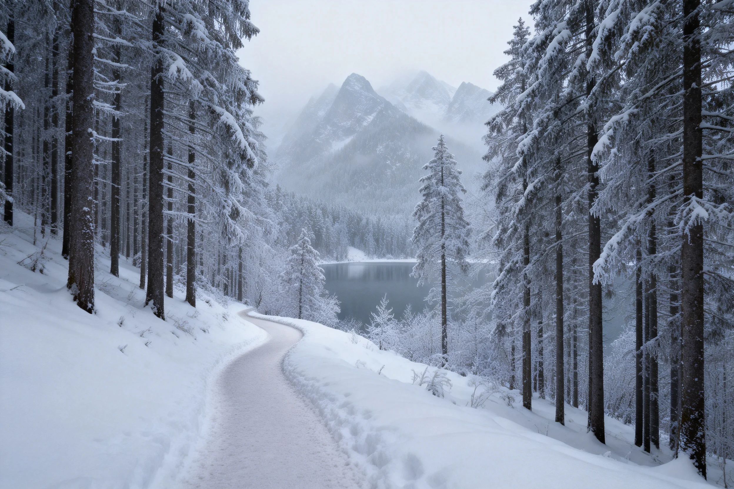 冬季山林雪景与积雪树林景观中，针叶树的枝桠上覆盖着蓬松的白色积雪，雪面呈现出纯净的白色质感。