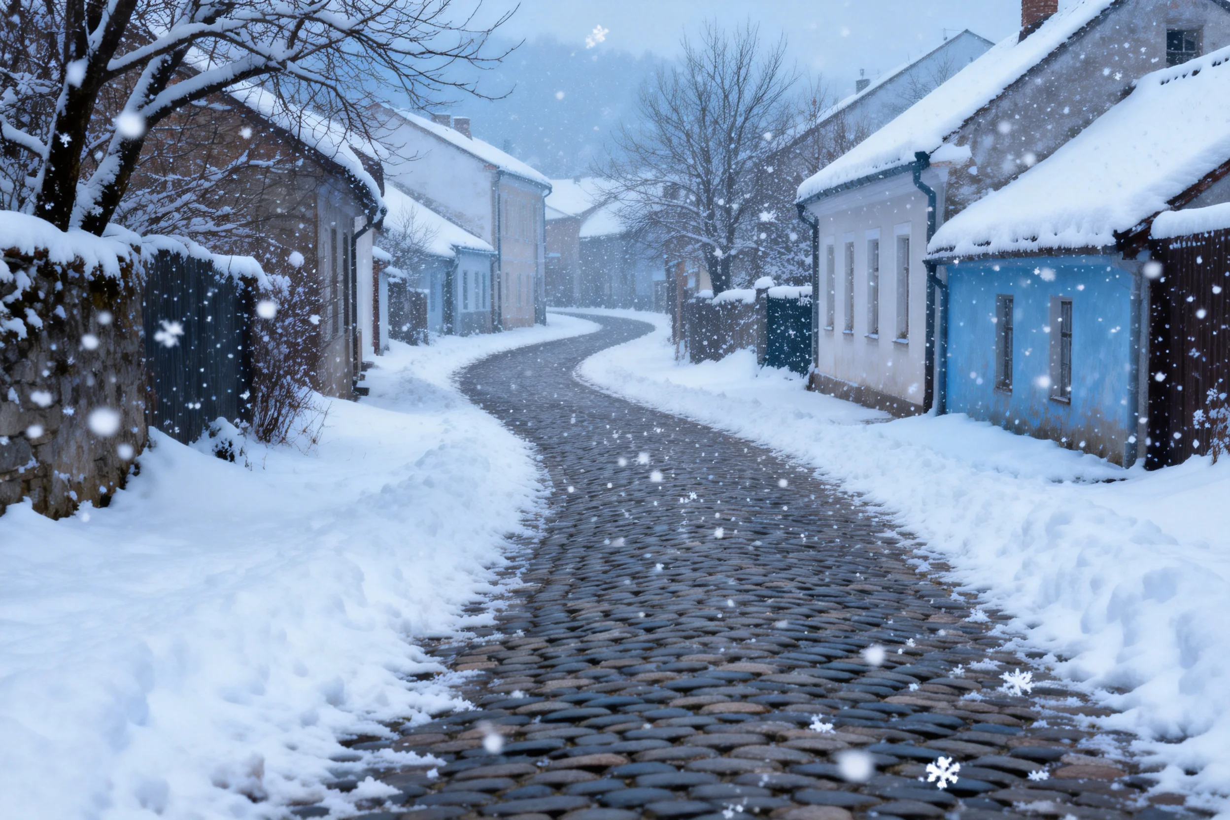 积雪覆盖的古村落小巷中,青灰色鹅卵石路面与白色积雪形成鲜明对比,雪花纷飞增添冬日氛围。