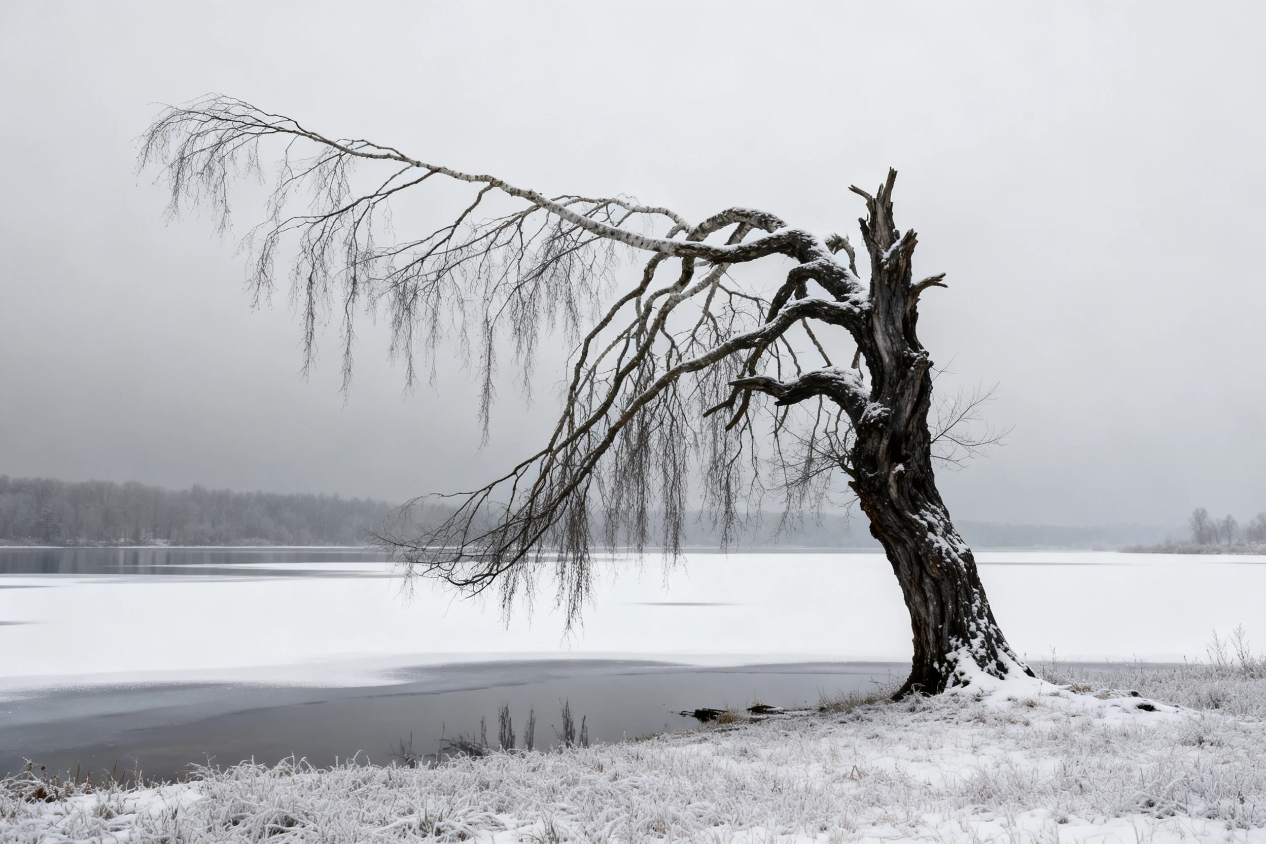 枯老垂枝树的粗粝树皮与下垂的枝桠在雪地冰湖旁清晰可见。