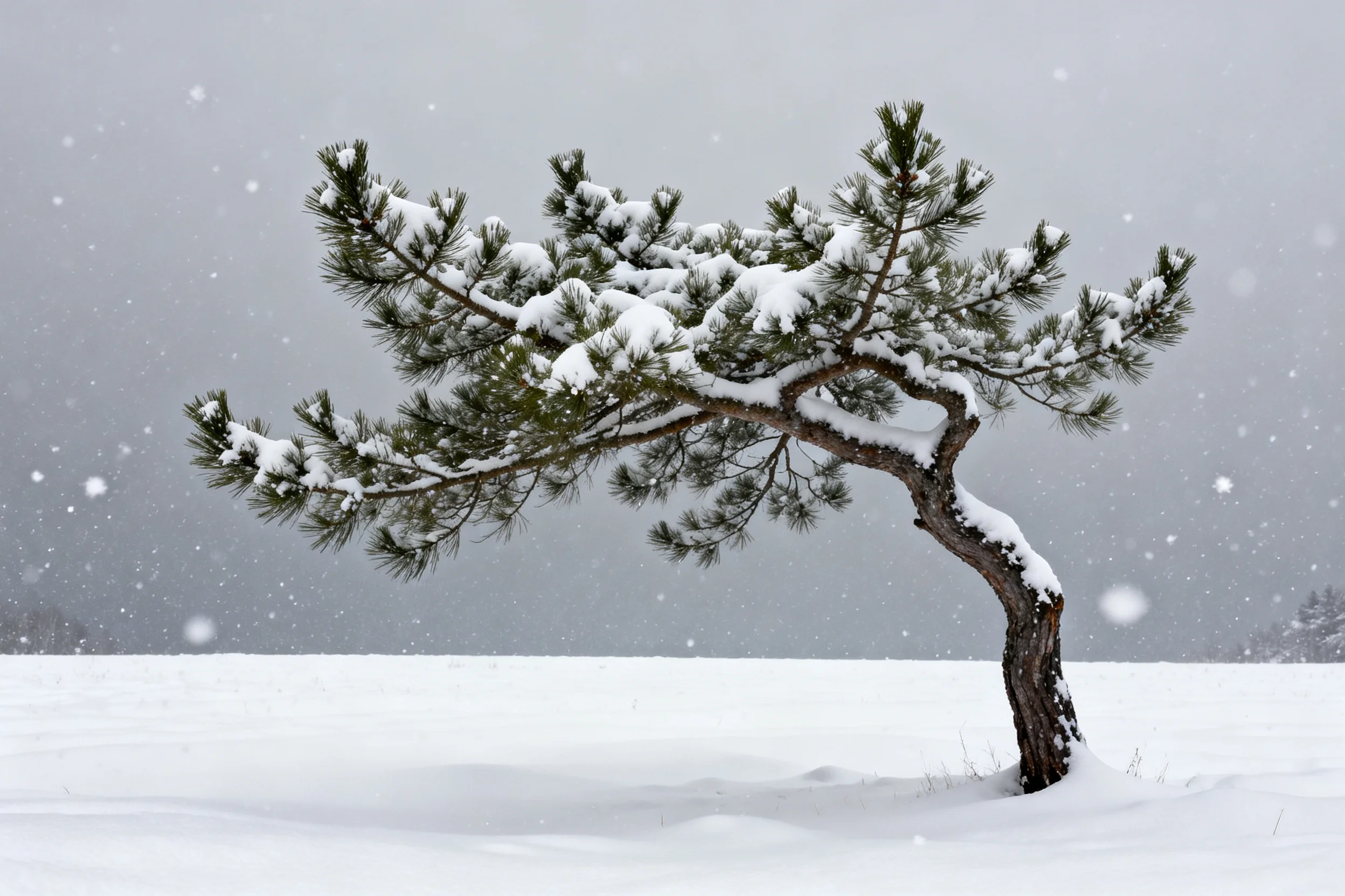 冬日雪地中形态独特的松树,枝桠上覆盖着厚厚的白雪,针状松叶微微下垂。