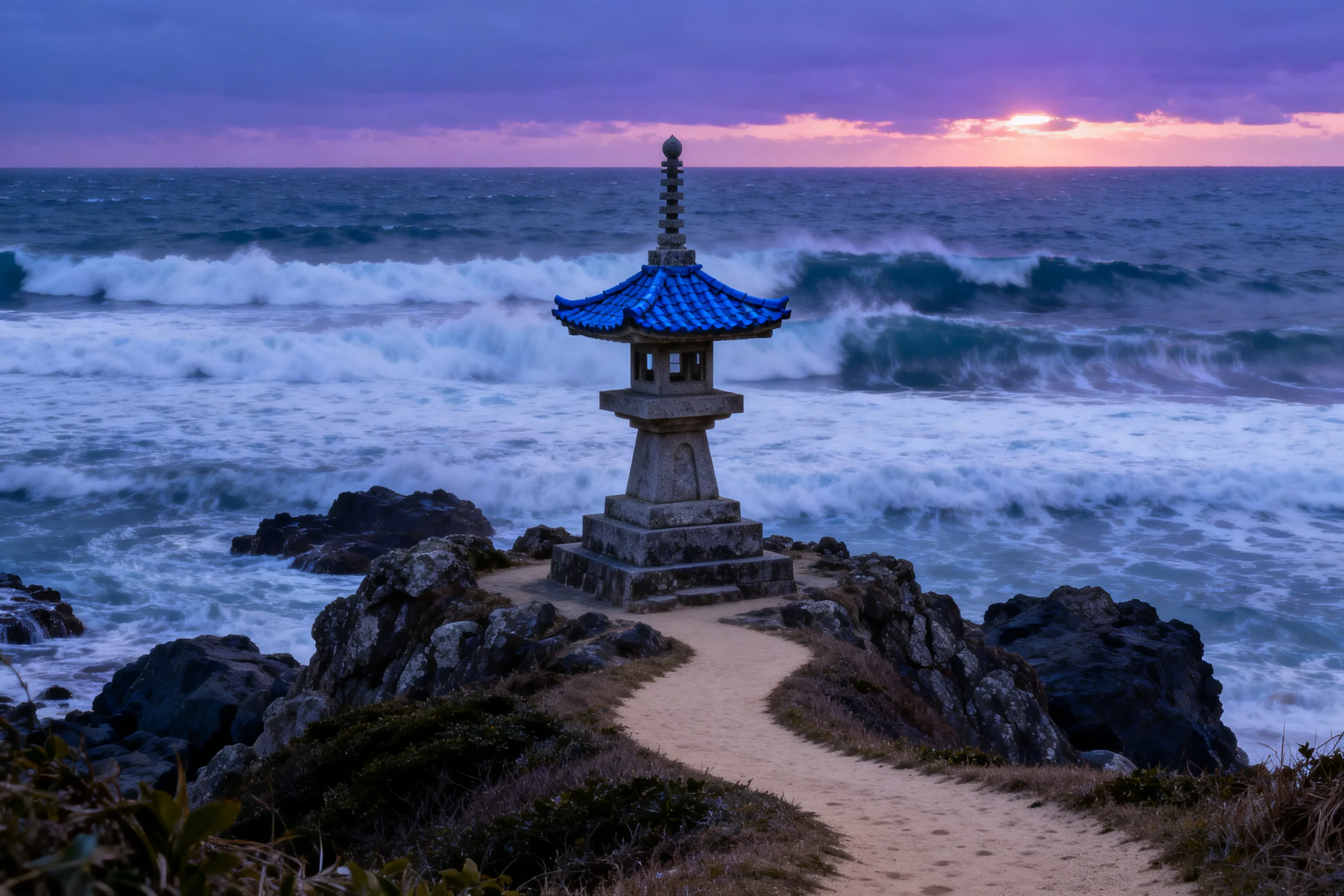 石塔矗立在海岸岩石上,蓝瓦屋顶清晰可见,石材表面粗糙且有风化痕迹。