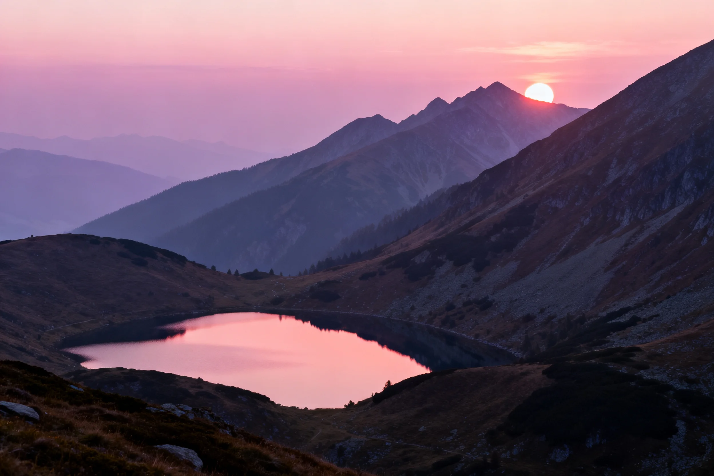 高山湖泊日落时分的山岳风光,湖水呈现出柔和的粉红色倒影,周围环绕着层次分明的山脉。