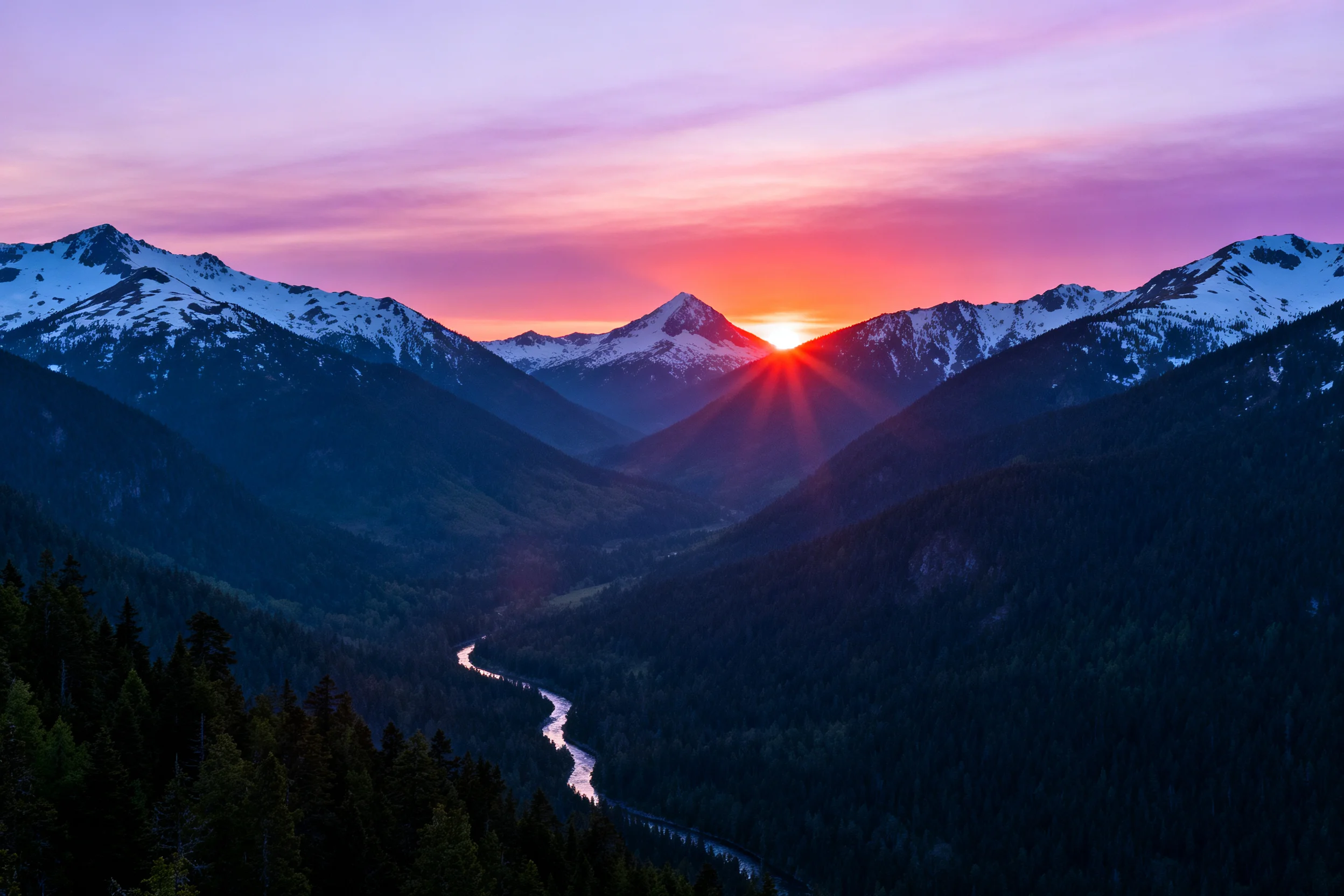 雪山峡谷森林日落景观中,雪峰在夕阳照射下泛着银白色光泽,山谷森林呈现深绿色,河流蜿蜒穿行其中。