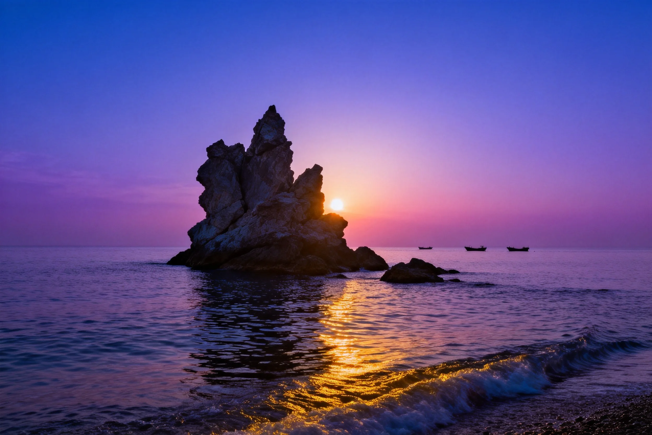 海蚀柱矗立在平静的海面上,夕阳的光线照射在岩石表面,岩石纹理清晰,远处有几艘小船漂浮在海面上。
