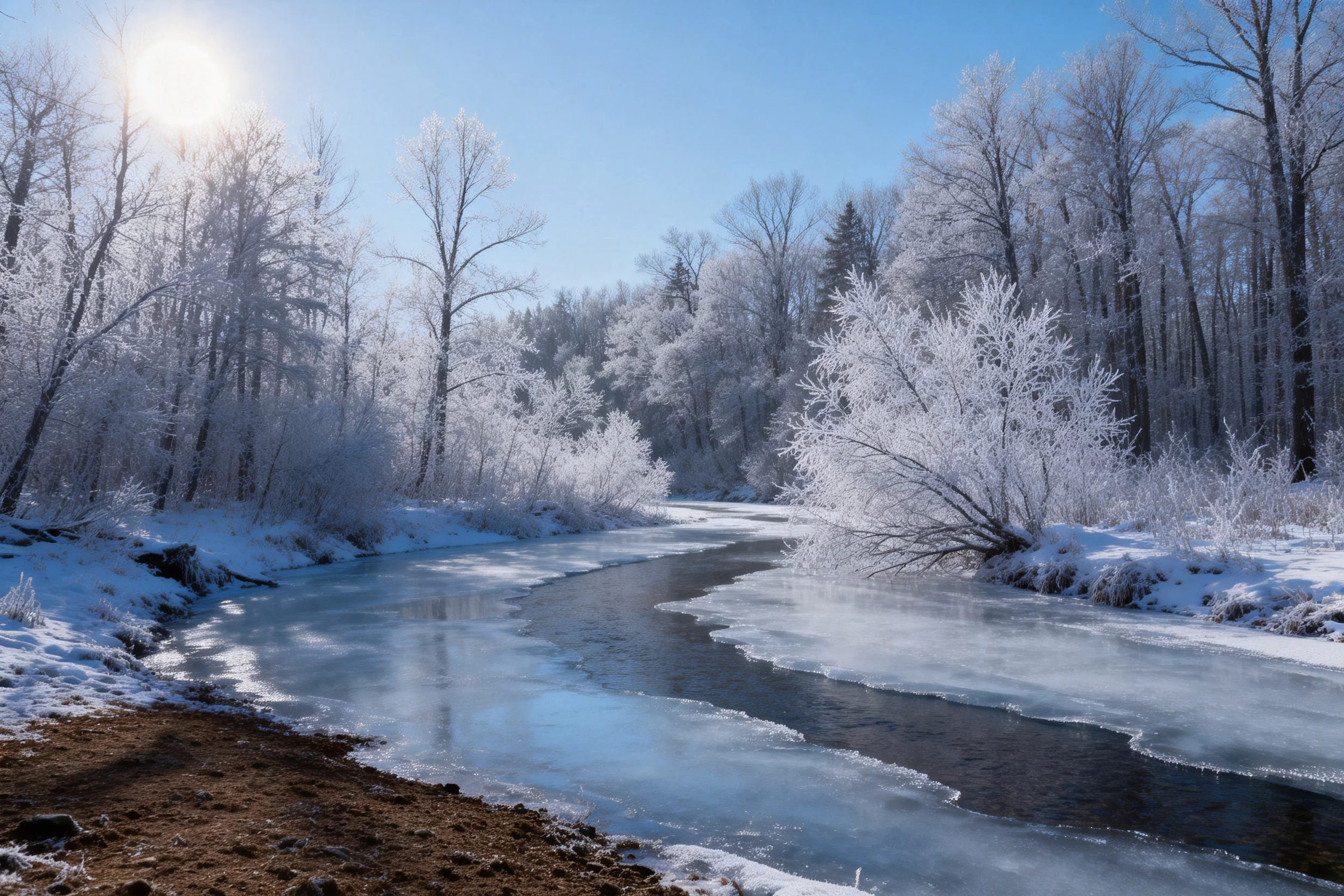 冬季冰雪森林河流景观,河面冰层有透明和不透明区域,未冻结处呈现深色水流。