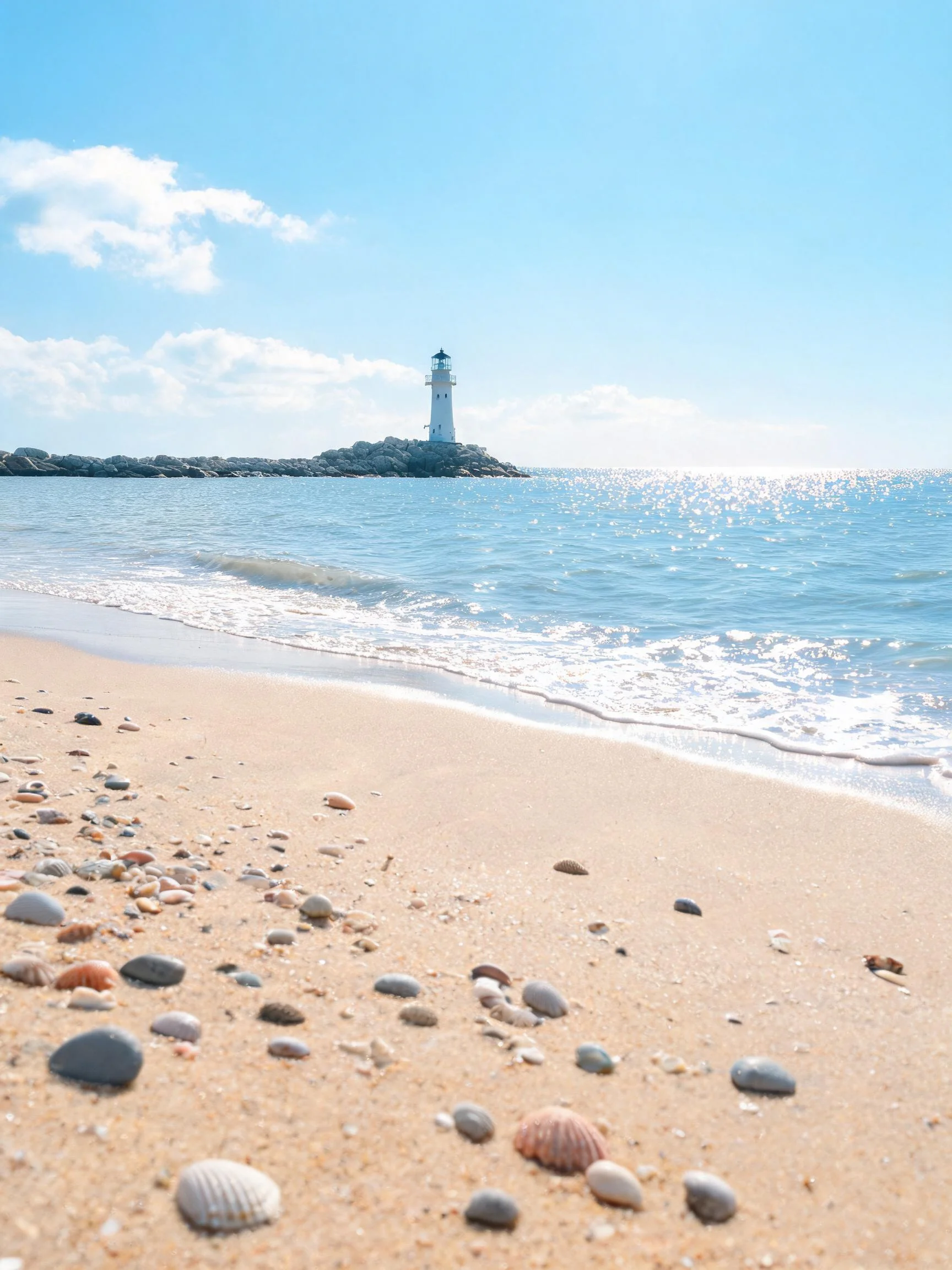 海滨岩石上的白色灯塔矗立在广阔海面上附近,塔身洁白,周围沙滩散落着多种形态的鹅卵石和贝壳。