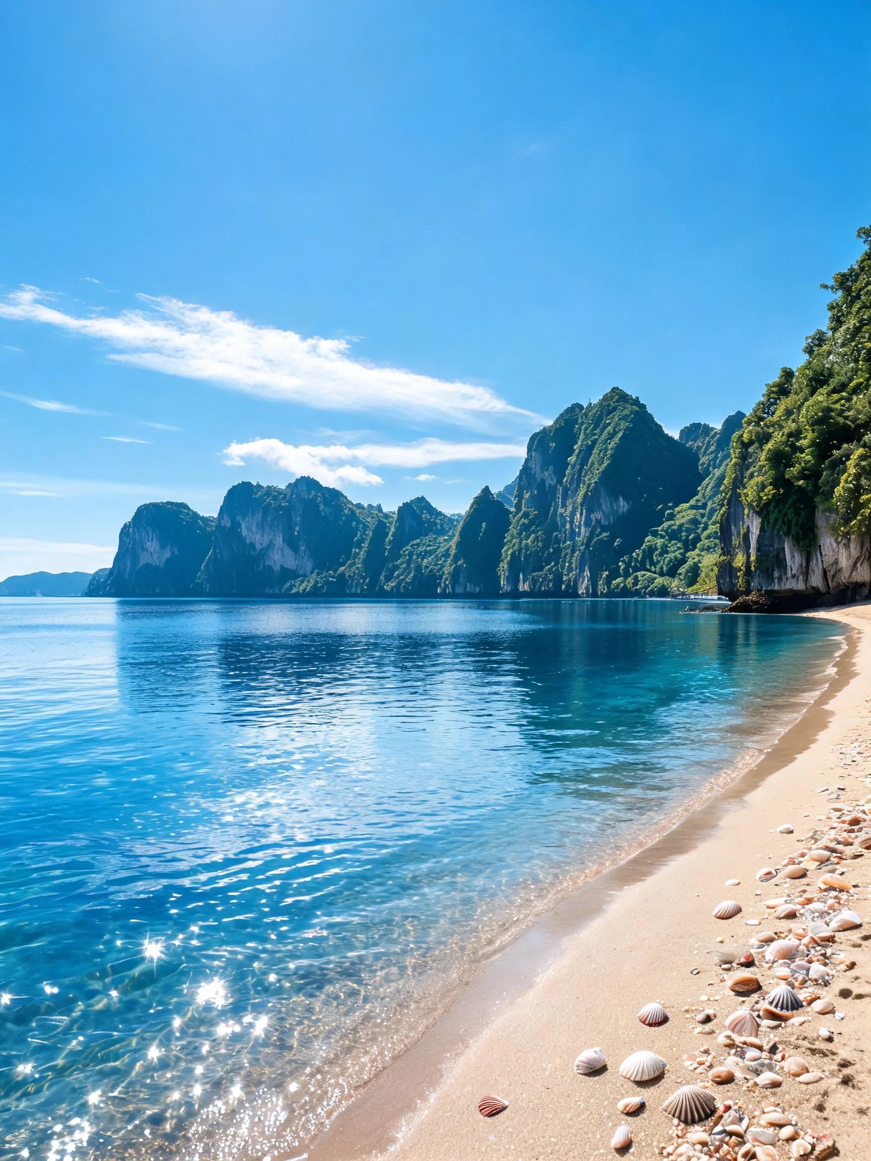 喀斯特海岸上,洁白的贝壳散落在细腻沙滩上,海水呈现出清澈的蓝色。