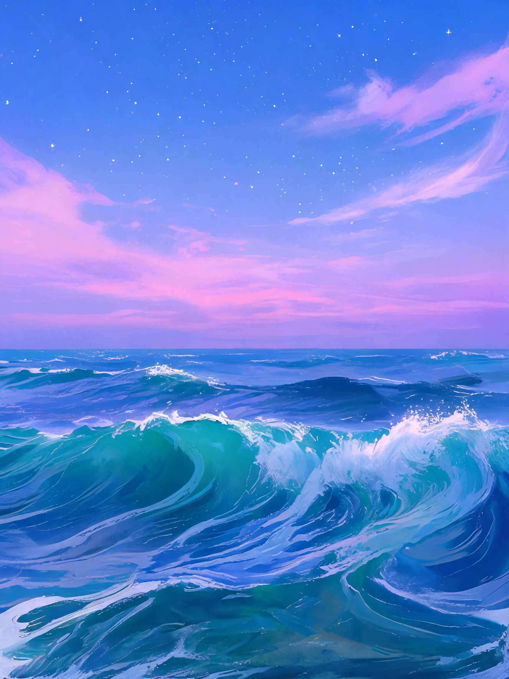 晚霞下的碧蓝海浪场景中海水呈现出清澈的蓝绿色,浪尖的白色泡沫纹理可见。