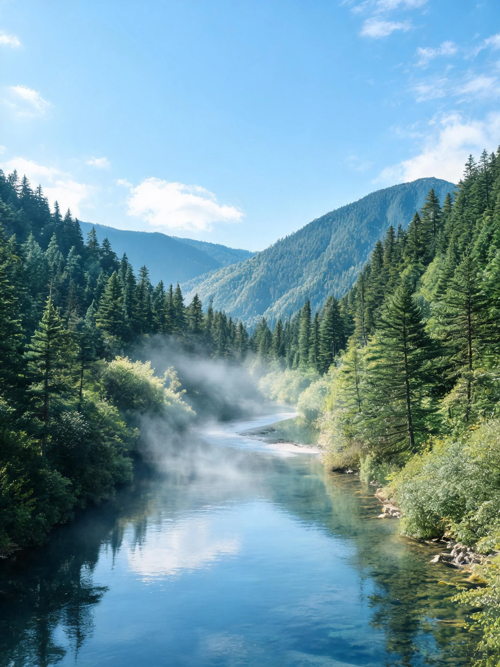 山谷溪流景观中,清澈的溪水泛着蓝绿色,水面之上轻浮着淡薄的水汽,两岸是茂密的森林植被。
