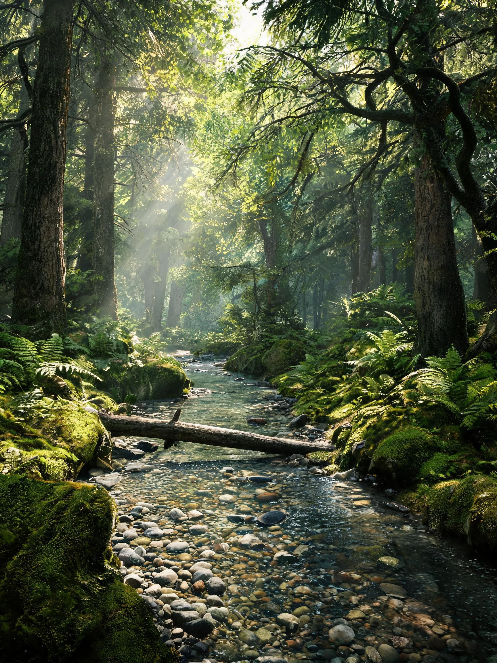 茂密森林中清澈溪流的水面布满光滑圆润的鹅卵石,一根枯木横跨溪流。