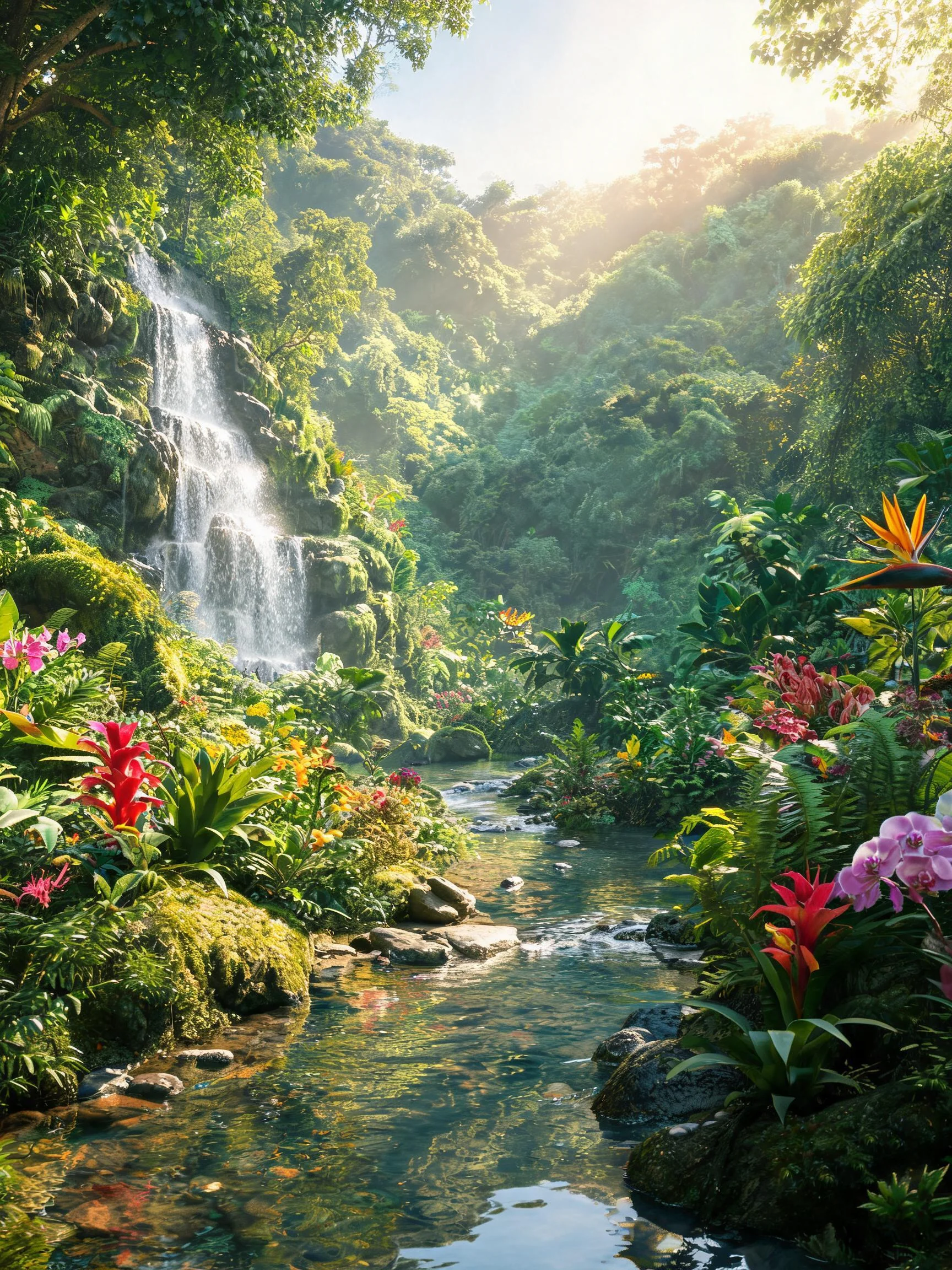 热带雨林景观中,清澈溪水倒映着瀑布与繁茂植被,周围生长着色彩鲜艳的热带花卉,水流清澈透亮。