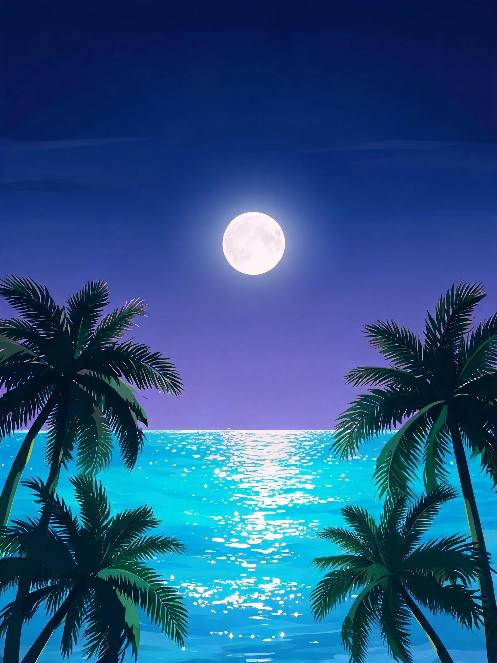 棕榈树的叶片在月光下呈现清晰轮廓,海水因月光反射闪烁发光。
