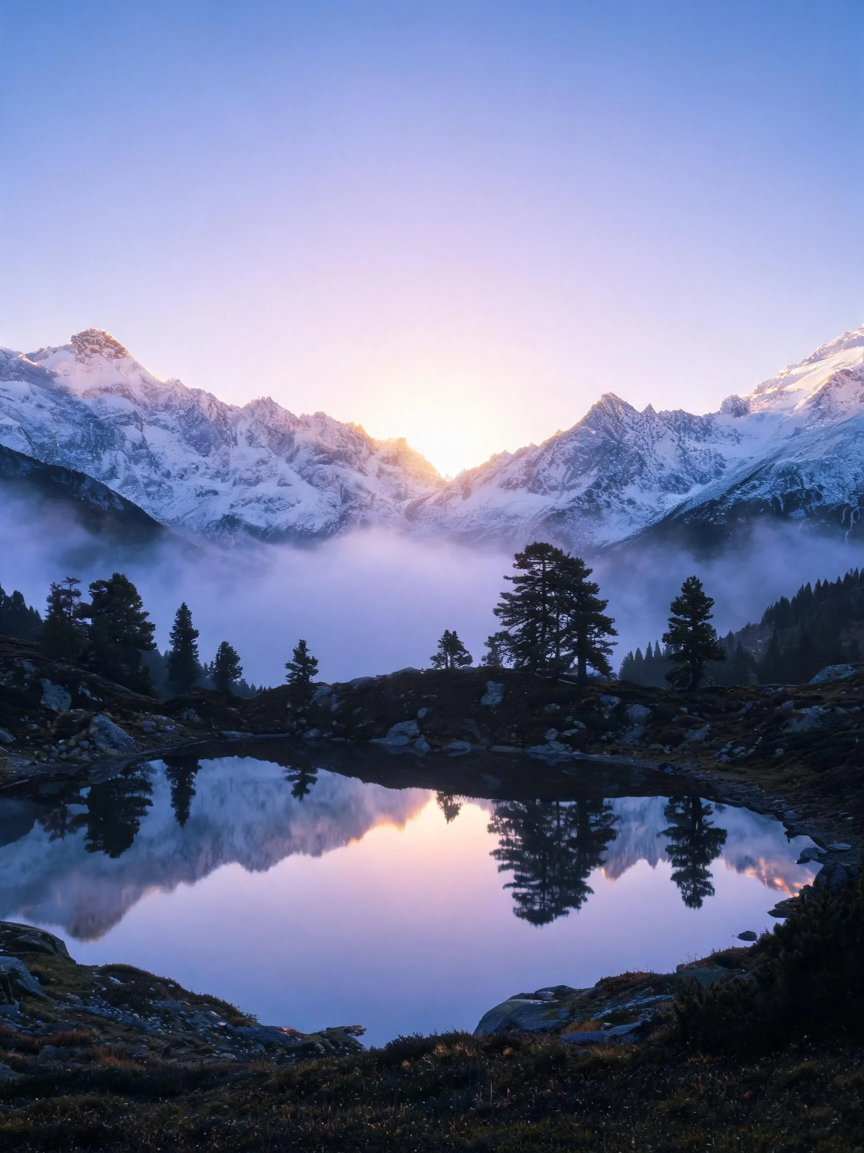 雪山峡谷风光中，平静水面清晰倒映雪山与树木树，晨雾在山谷间弥漫。