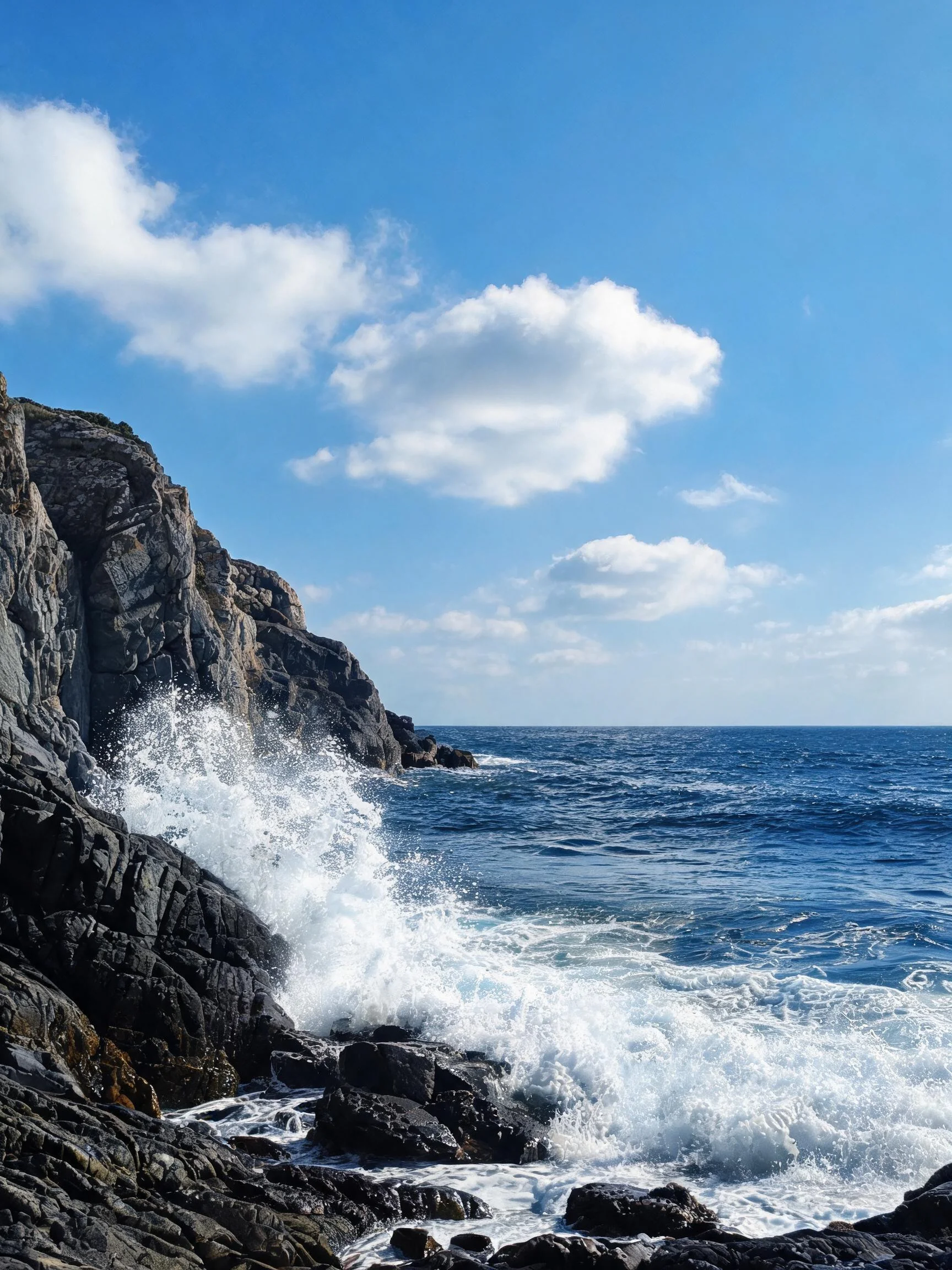 海岸峭壁处,白色浪花以强劲力量撞击深灰色岩石,溅起大量水花和水雾,展现海洋与岩石碰撞时的动态张力。