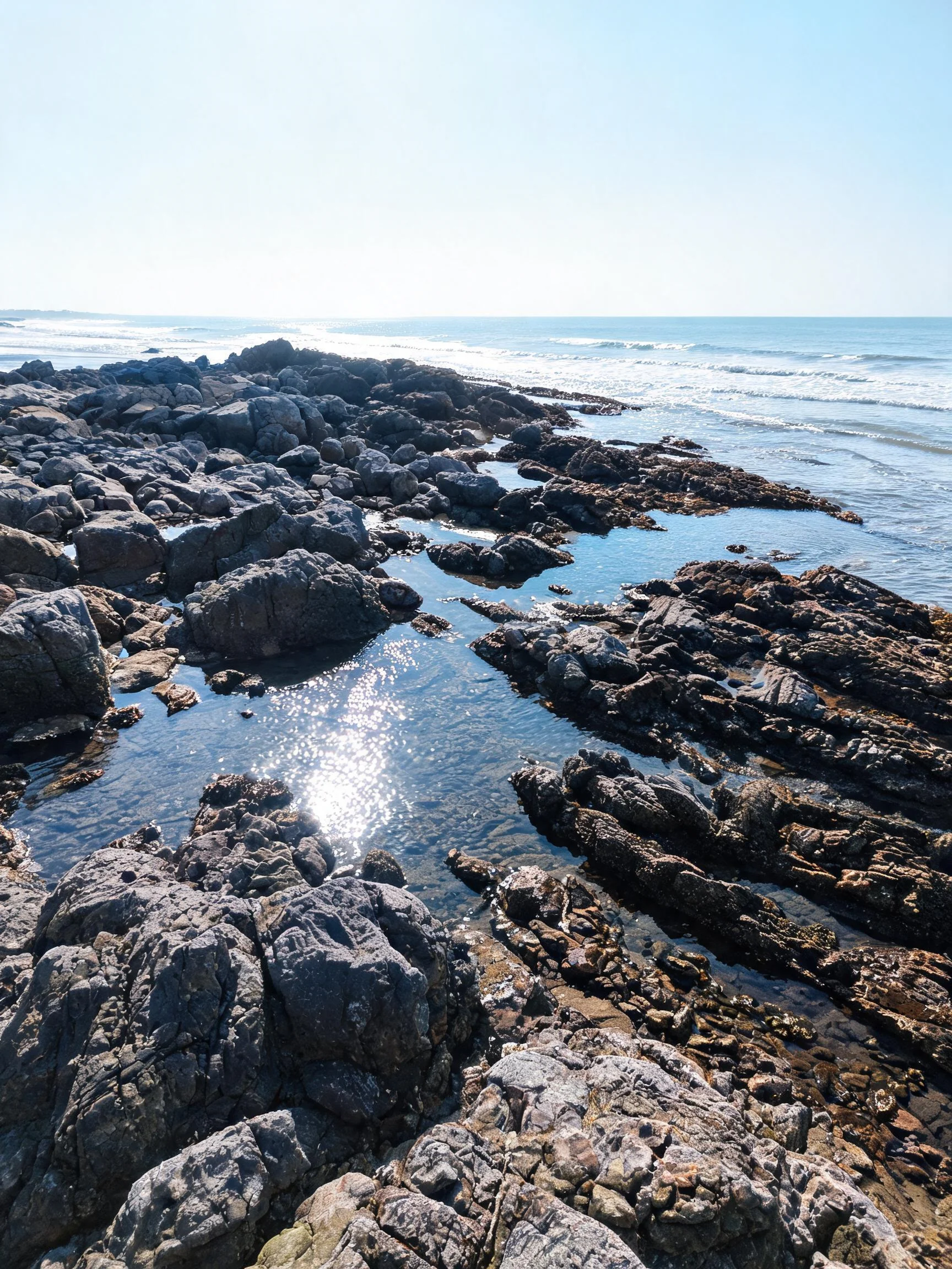 沿海岩石潮汐地貌中海水在礁石间形成的潮池,礁石呈深灰色且表面粗糙有风化纹理。